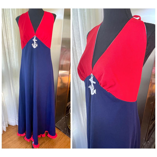 Vintage 70s halter dress, red and navy blue
