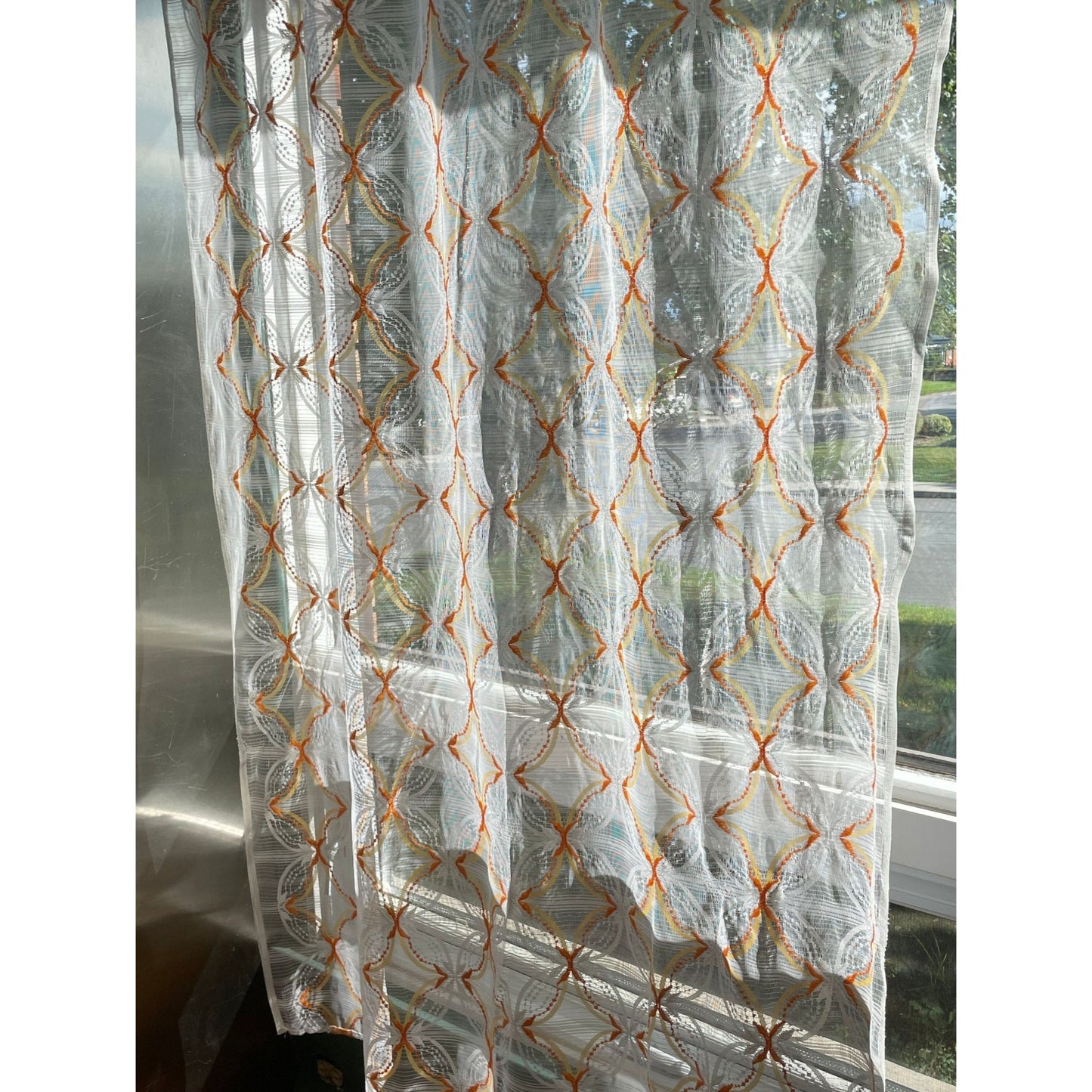 Vintage 70s geometric orange white mesh curtain
