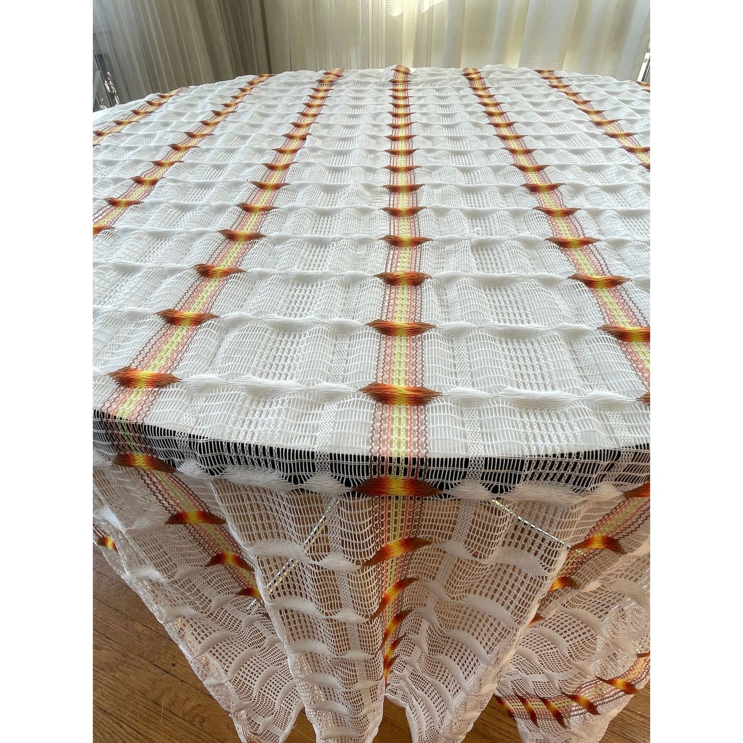 Vintage 70s curtain, orange groovy pattern, mesh panel