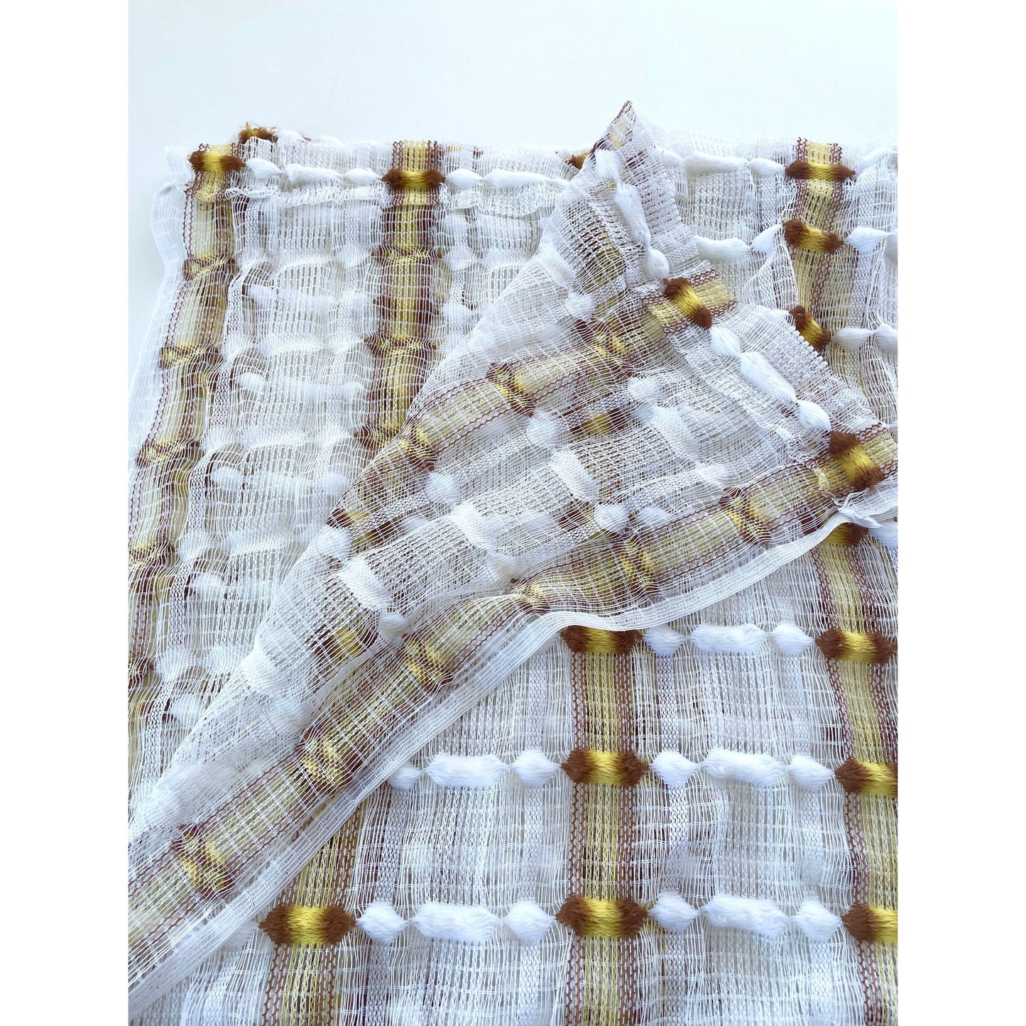 Vintage 70s curtain, orange brown geometric pattern, fluffy mesh panel