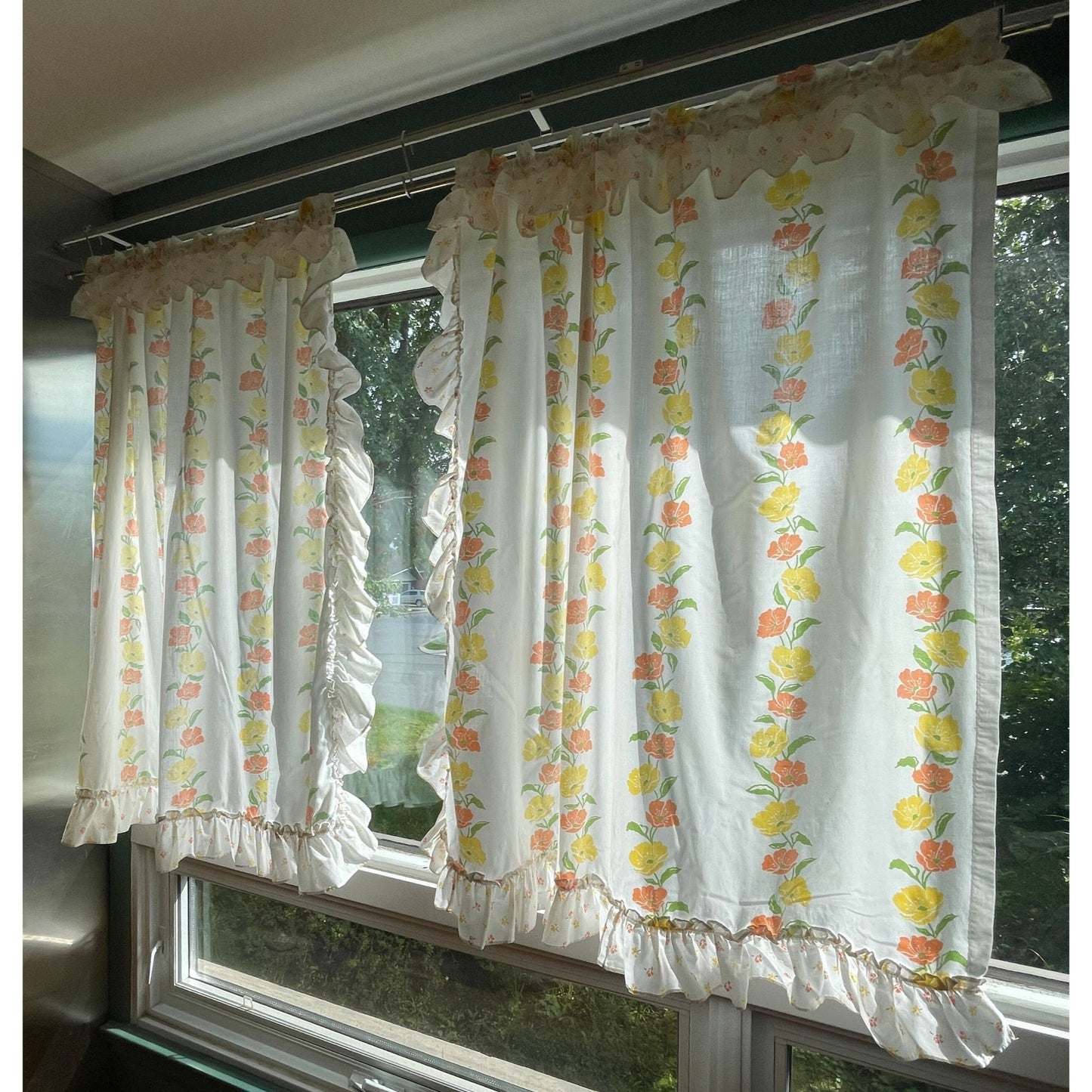 Vintage 80s curtain, orange yellow floral, pair of ruffled panels