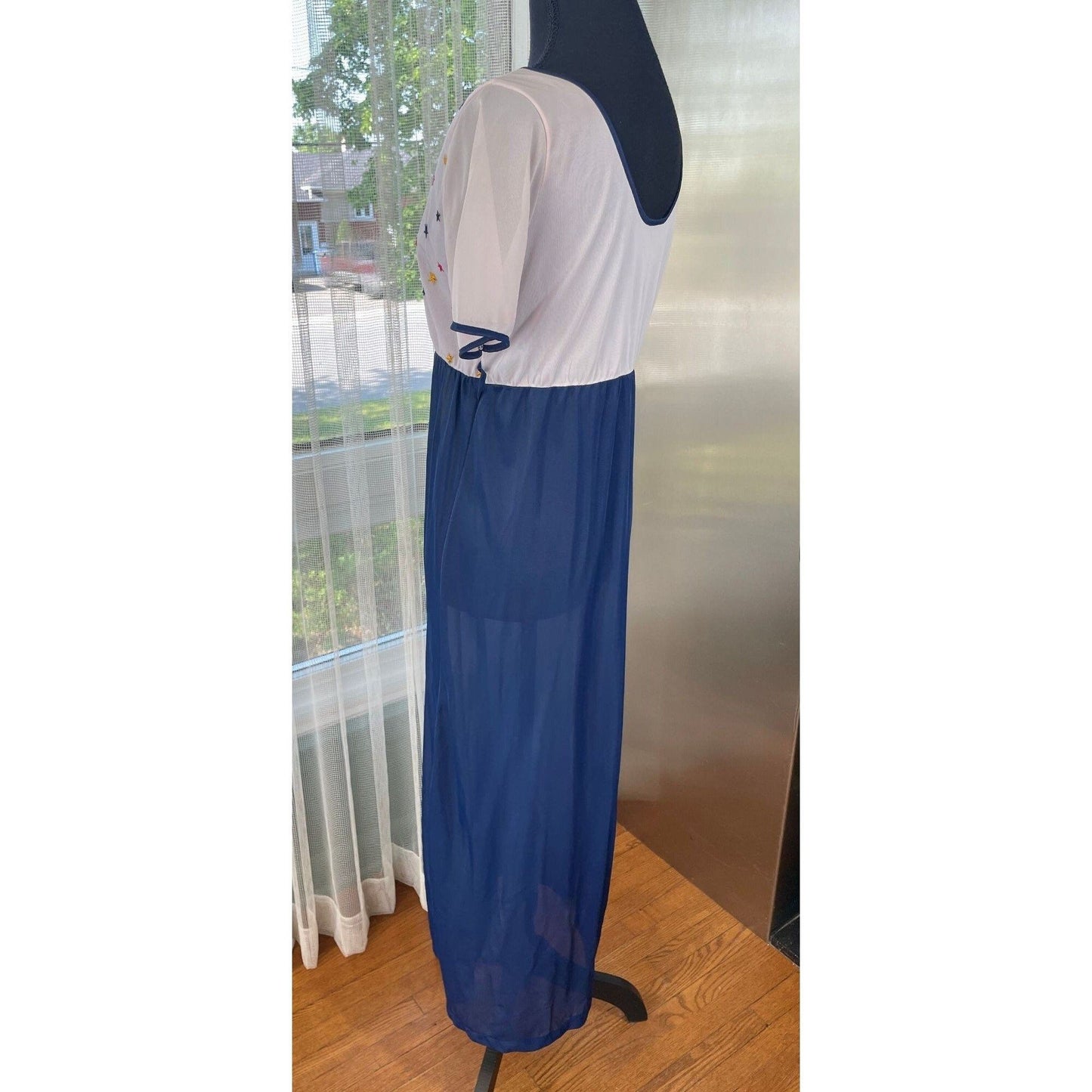 Vintage 80s dress, royal blue, white top, red yellow blue stars, short sleeves
