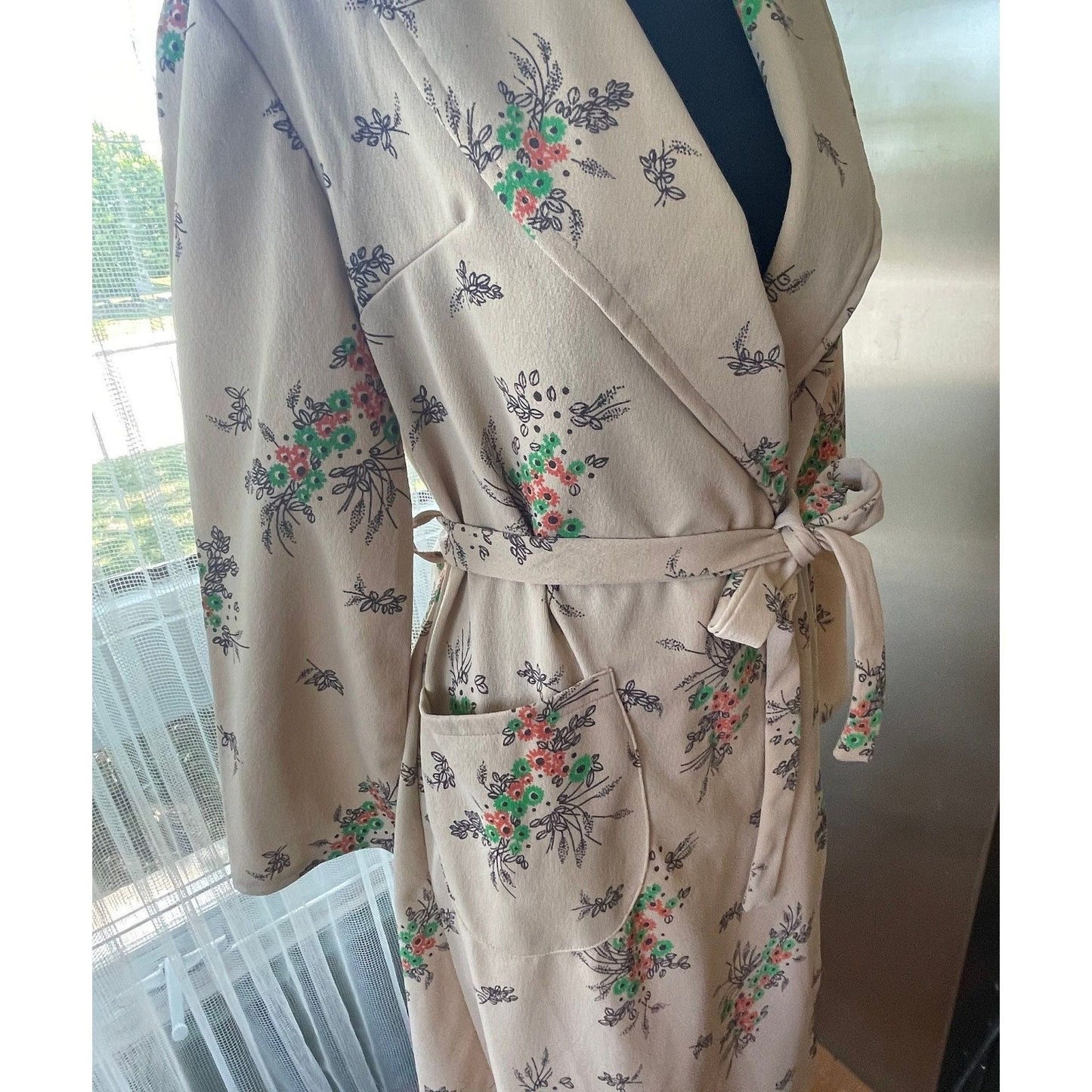 Vintage 70s house dress, light taupe with orange and green floral