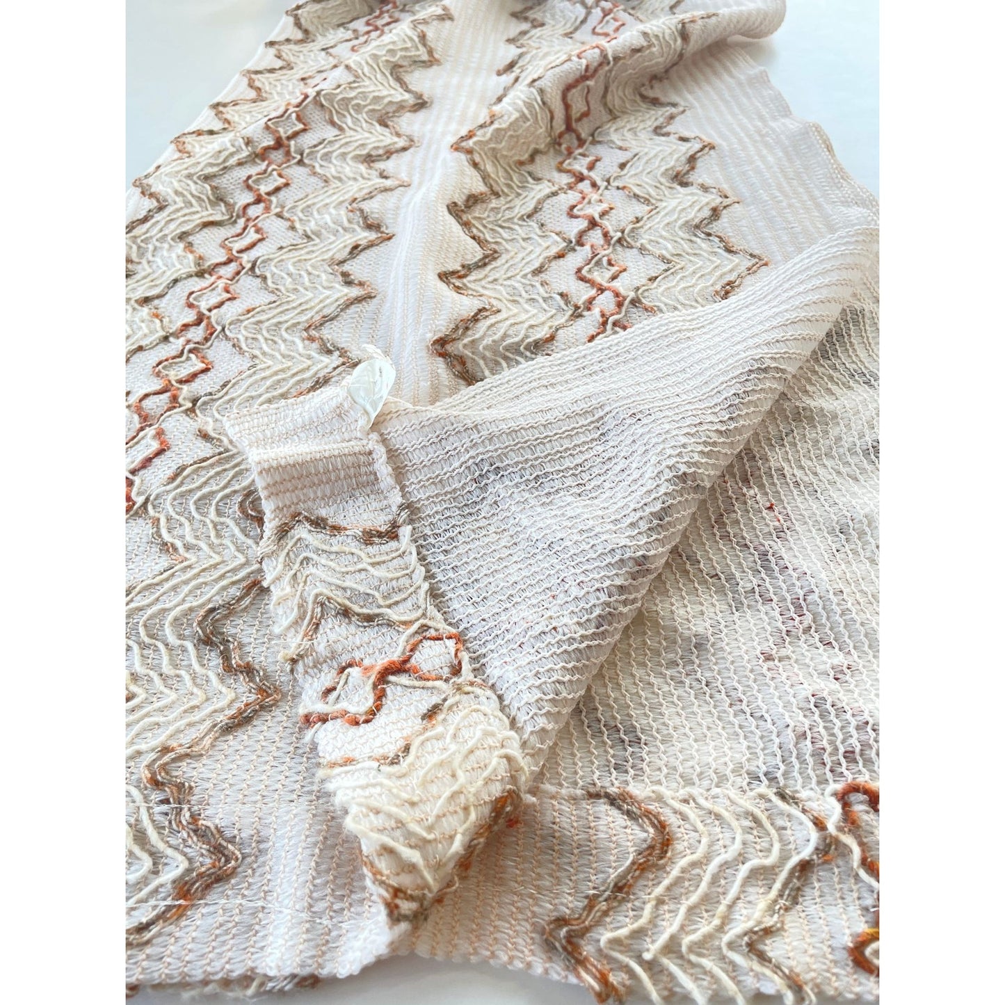 Vintage 70s net woven curtain, ecru, brown