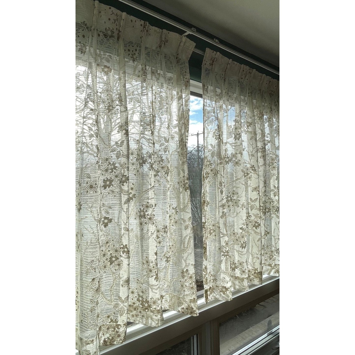 Vintage 80s pleated curtains, beige brown floral