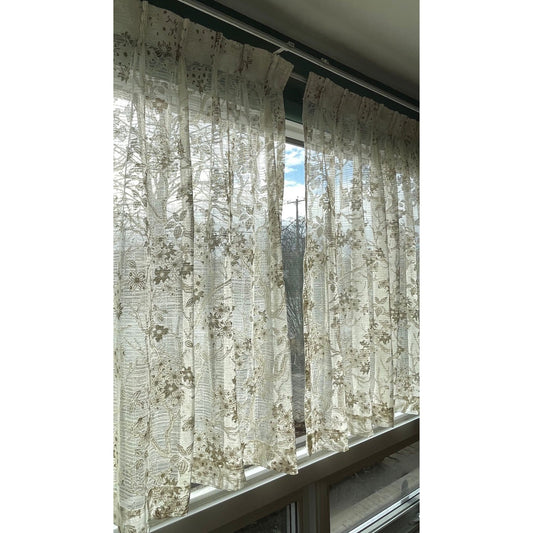 Vintage 80s pleated curtains, beige brown floral