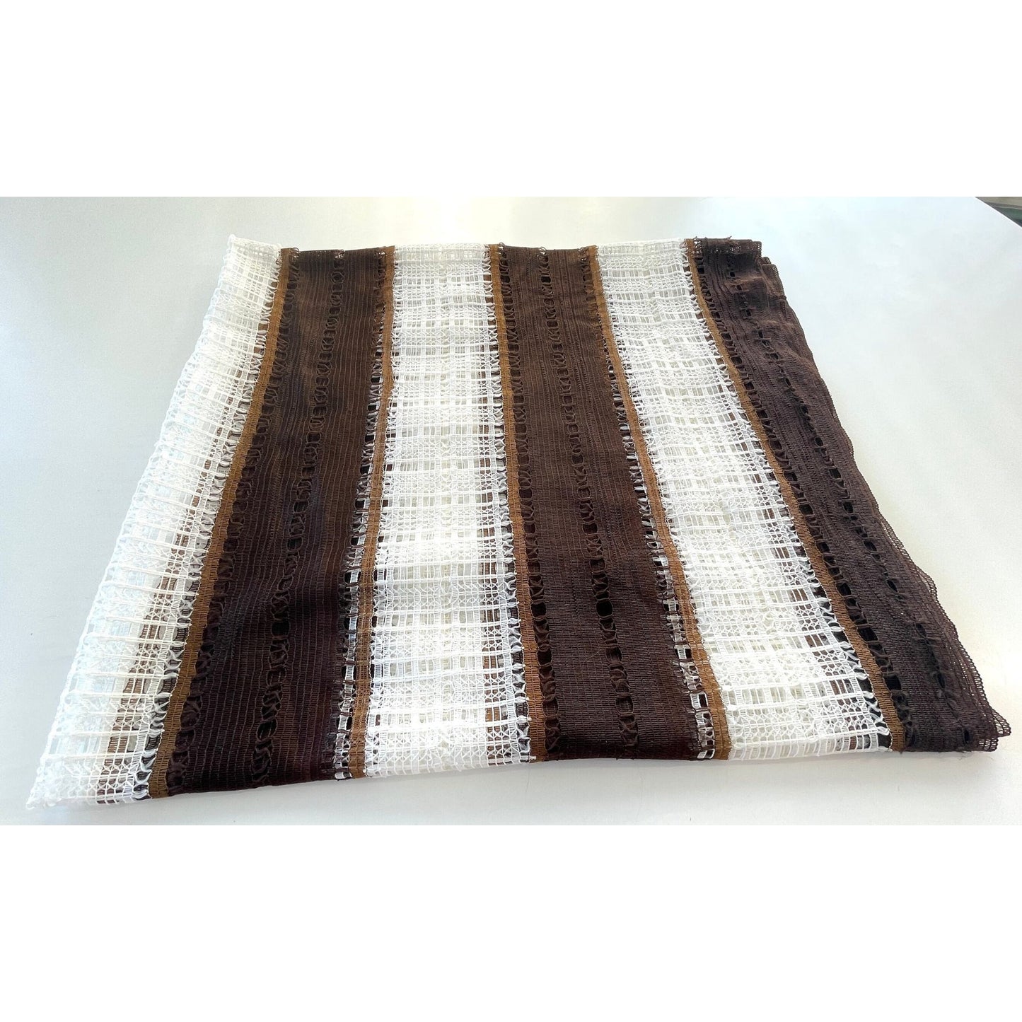 Vintage 70s curtain, brown white stripes, mesh panel