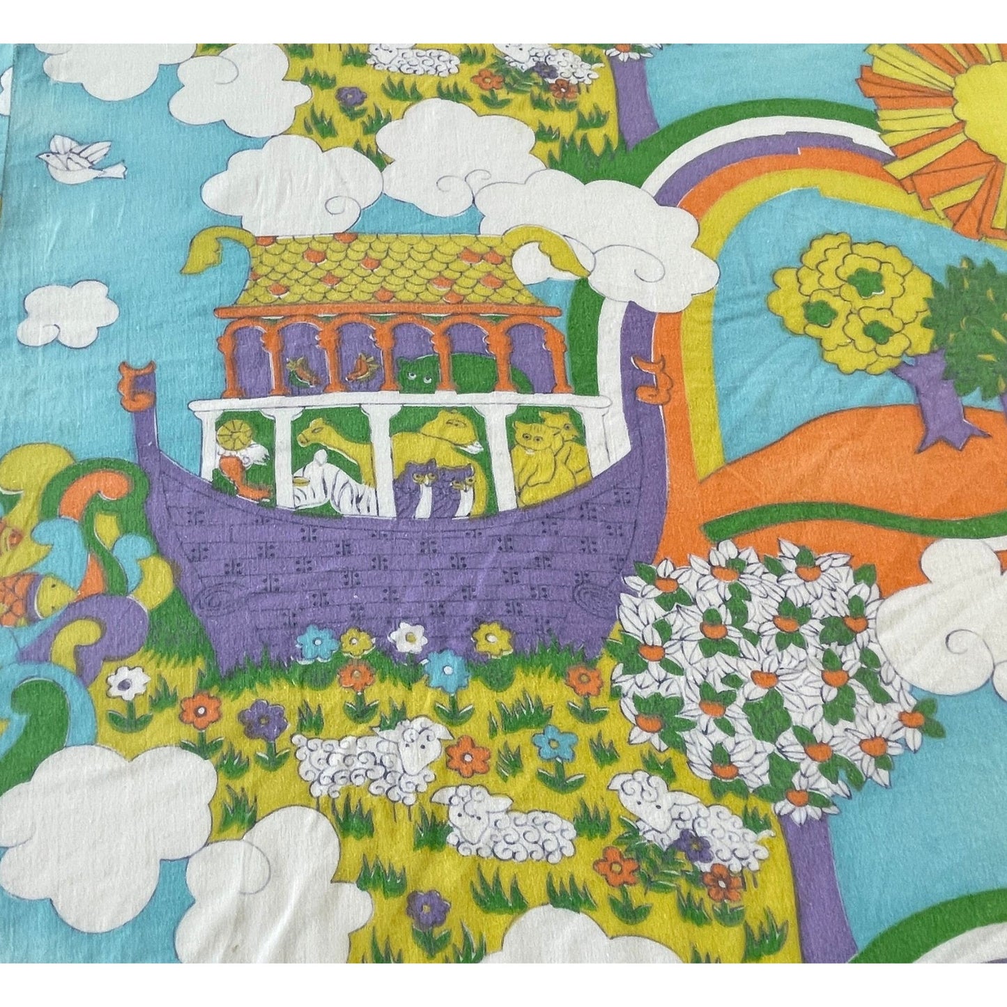 Vintage 70s flat sheet, Sears' Noah's Ark, twin size
