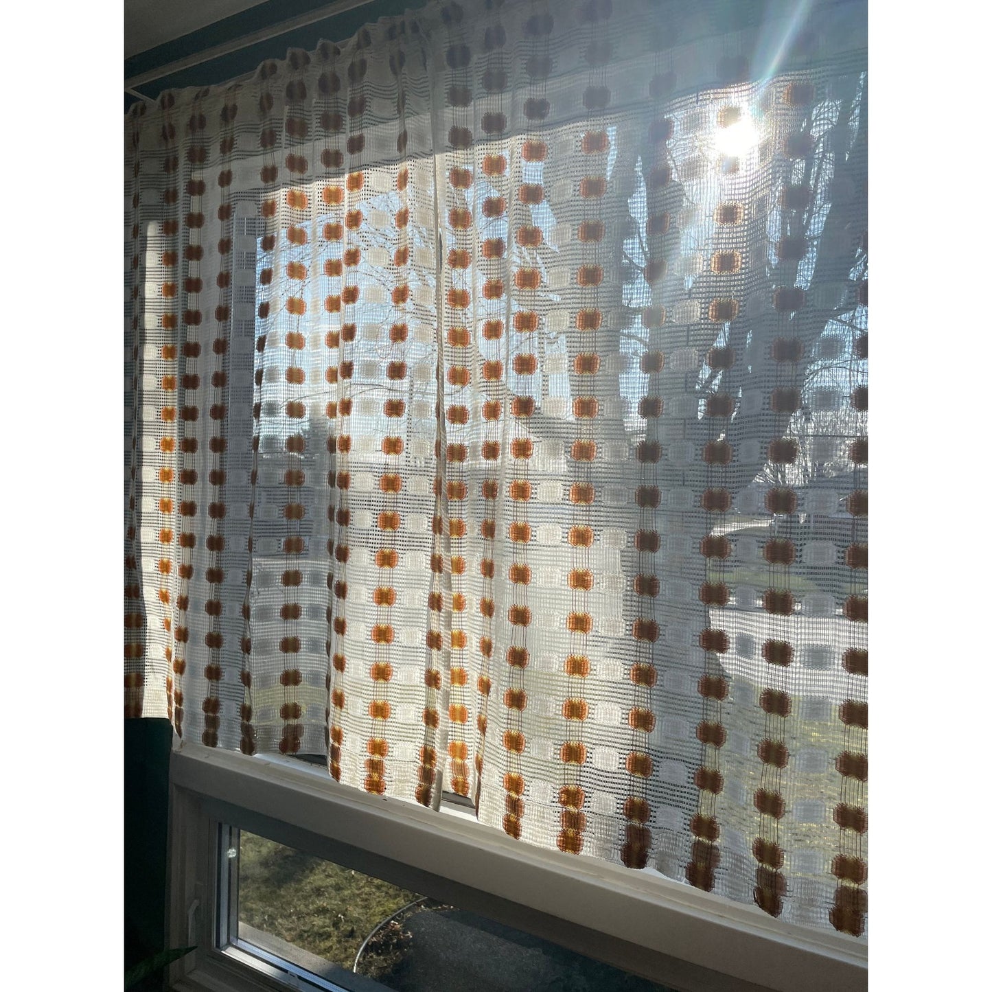 Vintage 70s curtain, orange yellow geometric pattern, mesh panel