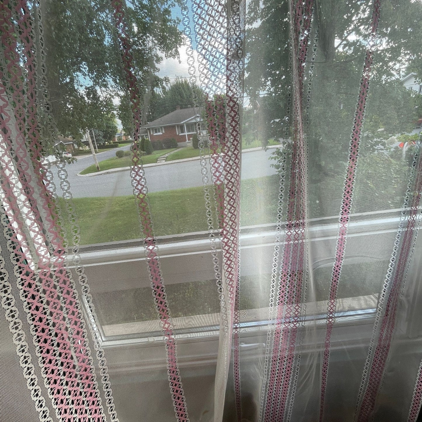 Vintage 80s curtain, pink stripes sheer panel