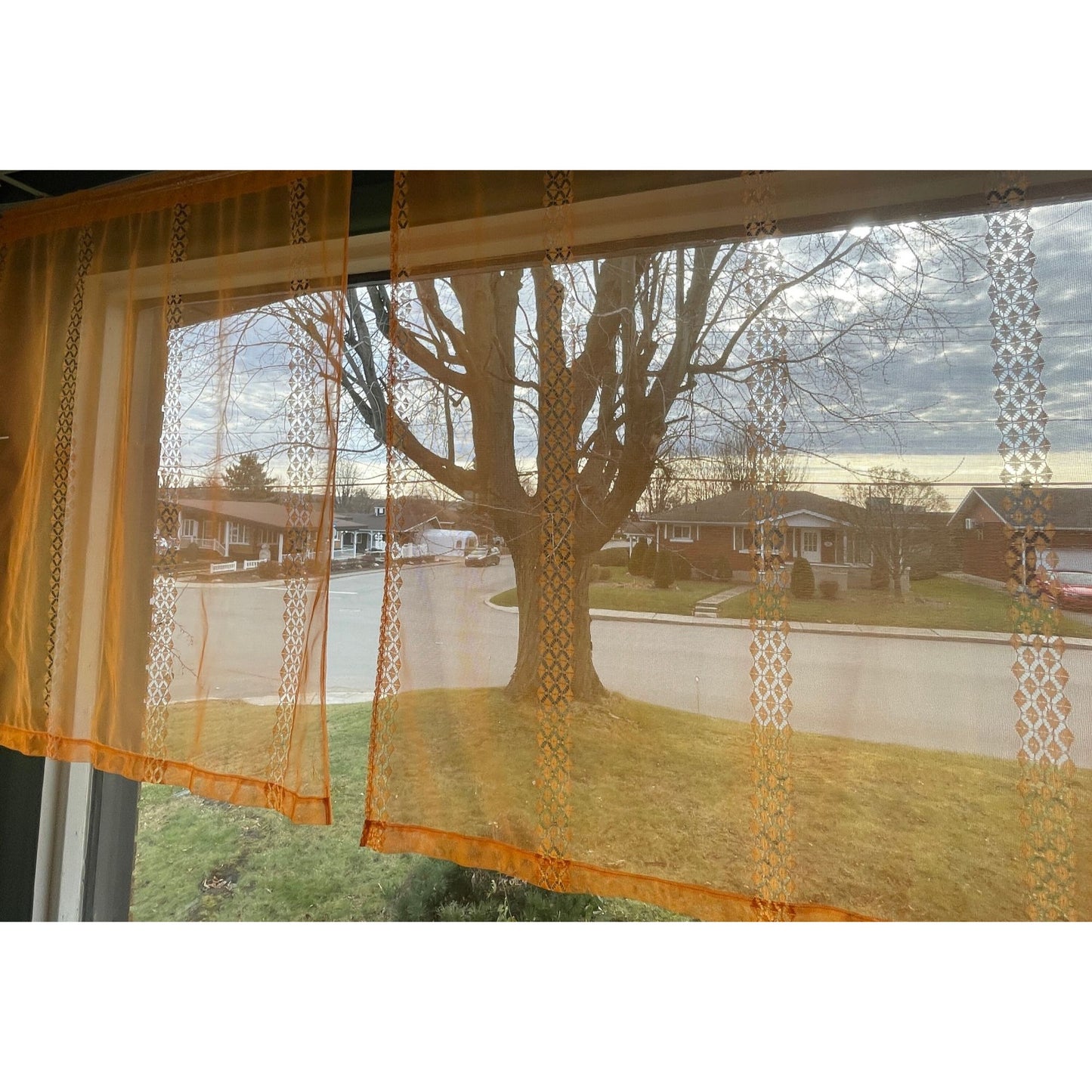 Vintage 70s curtains, pair orange mesh panels
