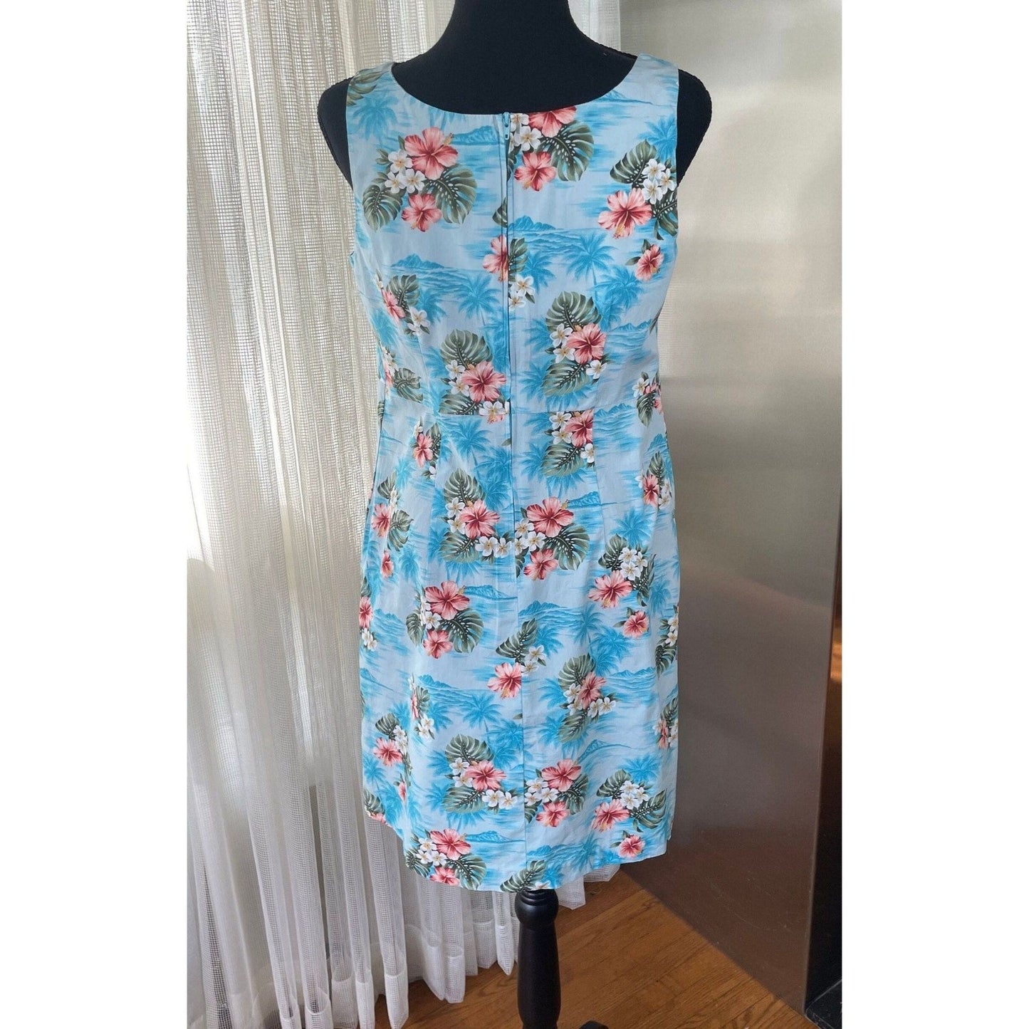 Vintage 80s dress, blue floral, sleeveless, Hilo Hatties Hawaiian Original