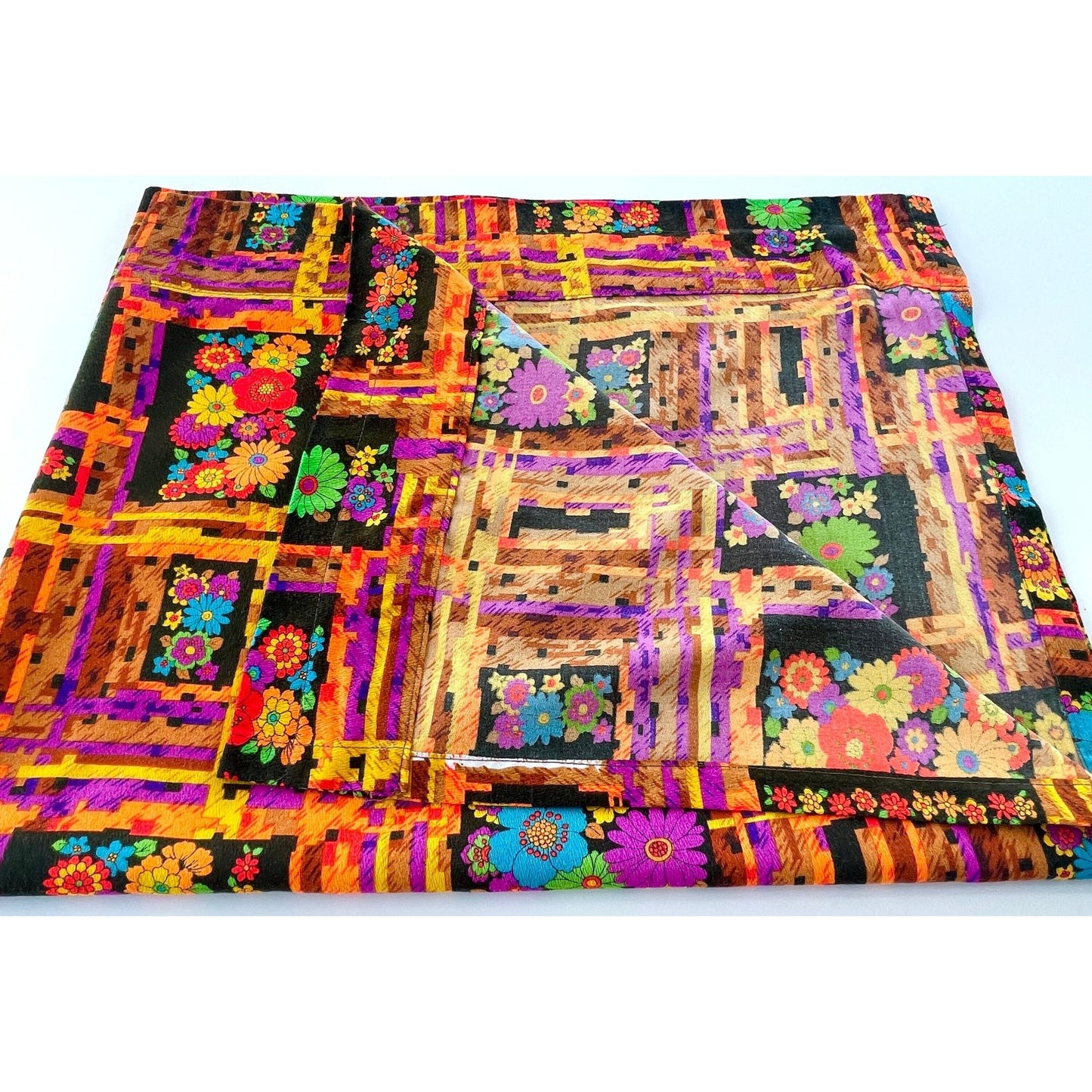 Vintage 70s floral curtain panel, orange, hot pink, green, blue