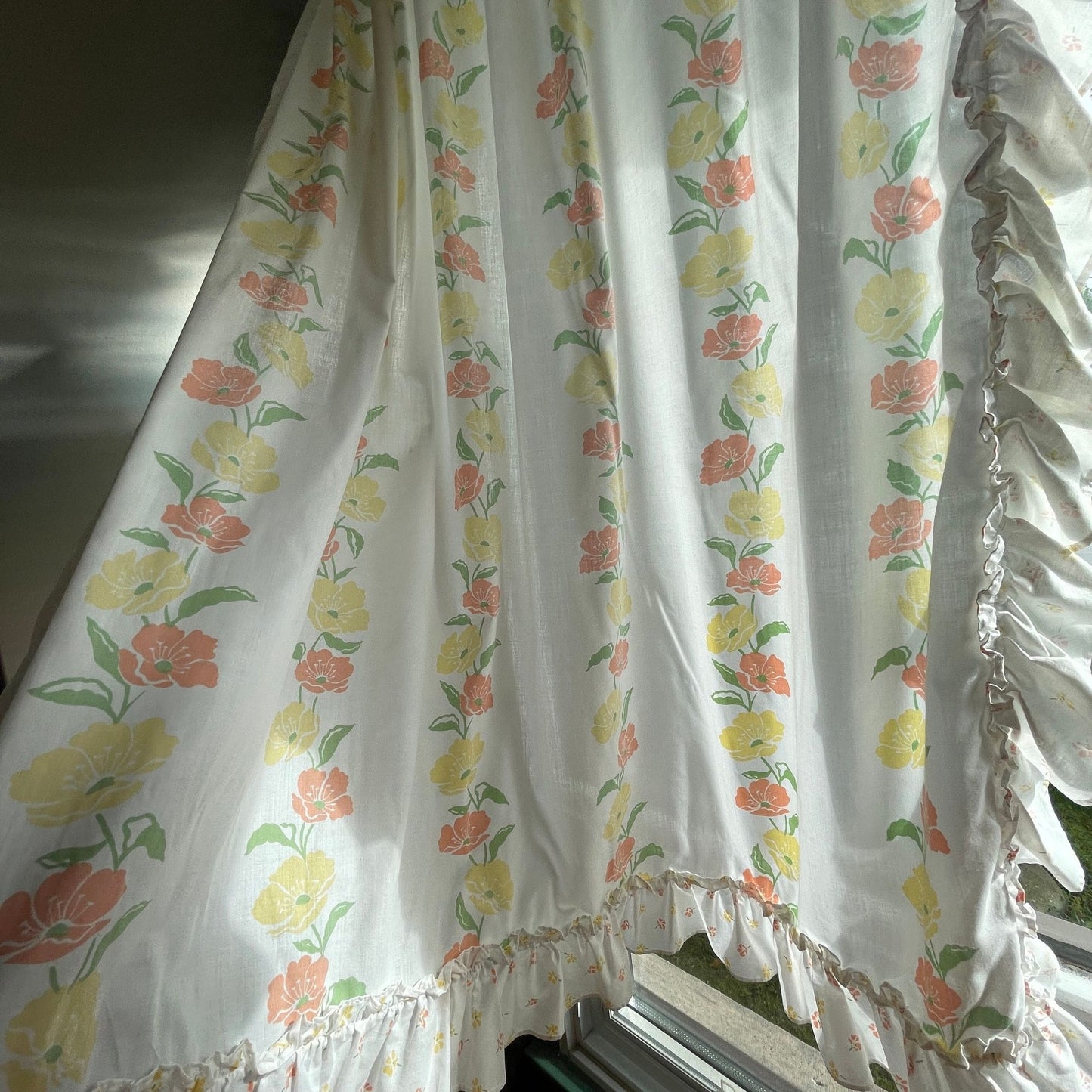 Vintage 80s curtain, orange yellow floral, pair of ruffled panels