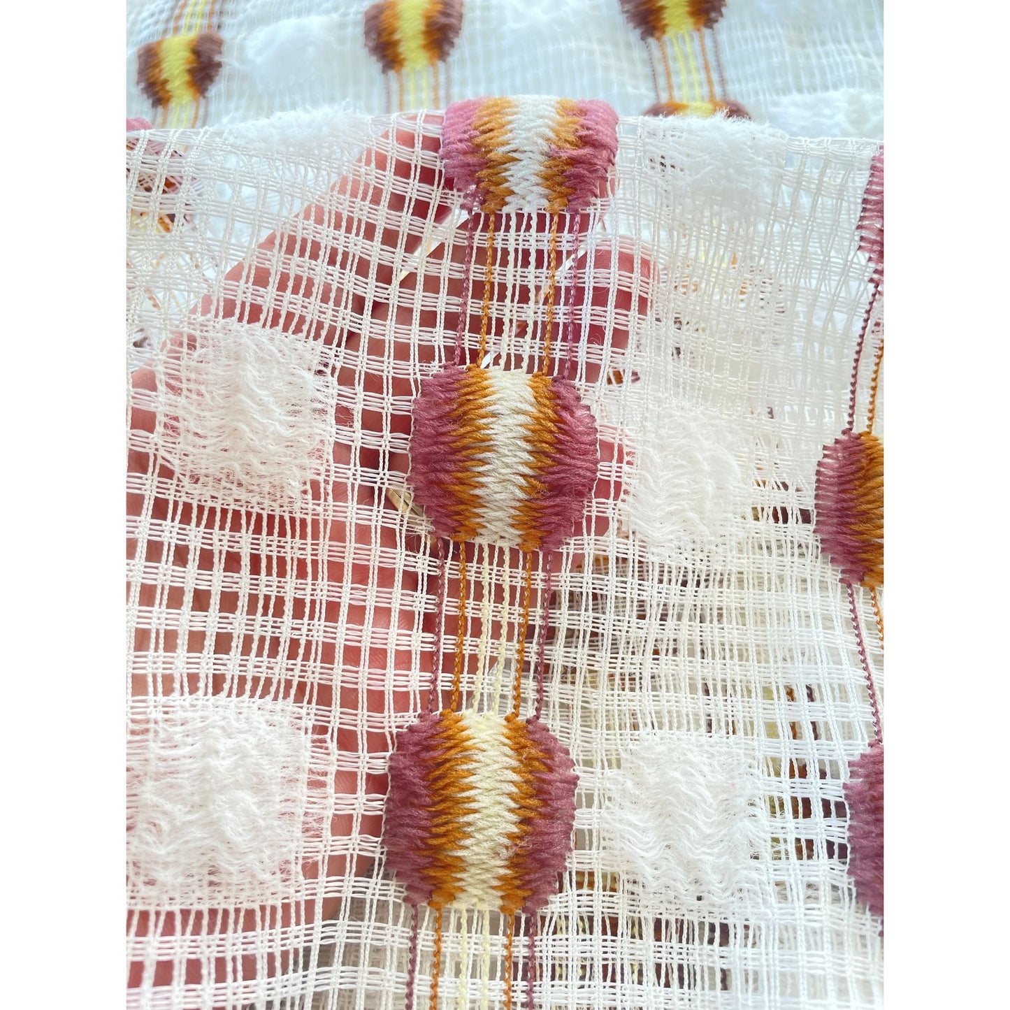 Vintage 70s curtain, orange yellow geometric pattern, mesh panel