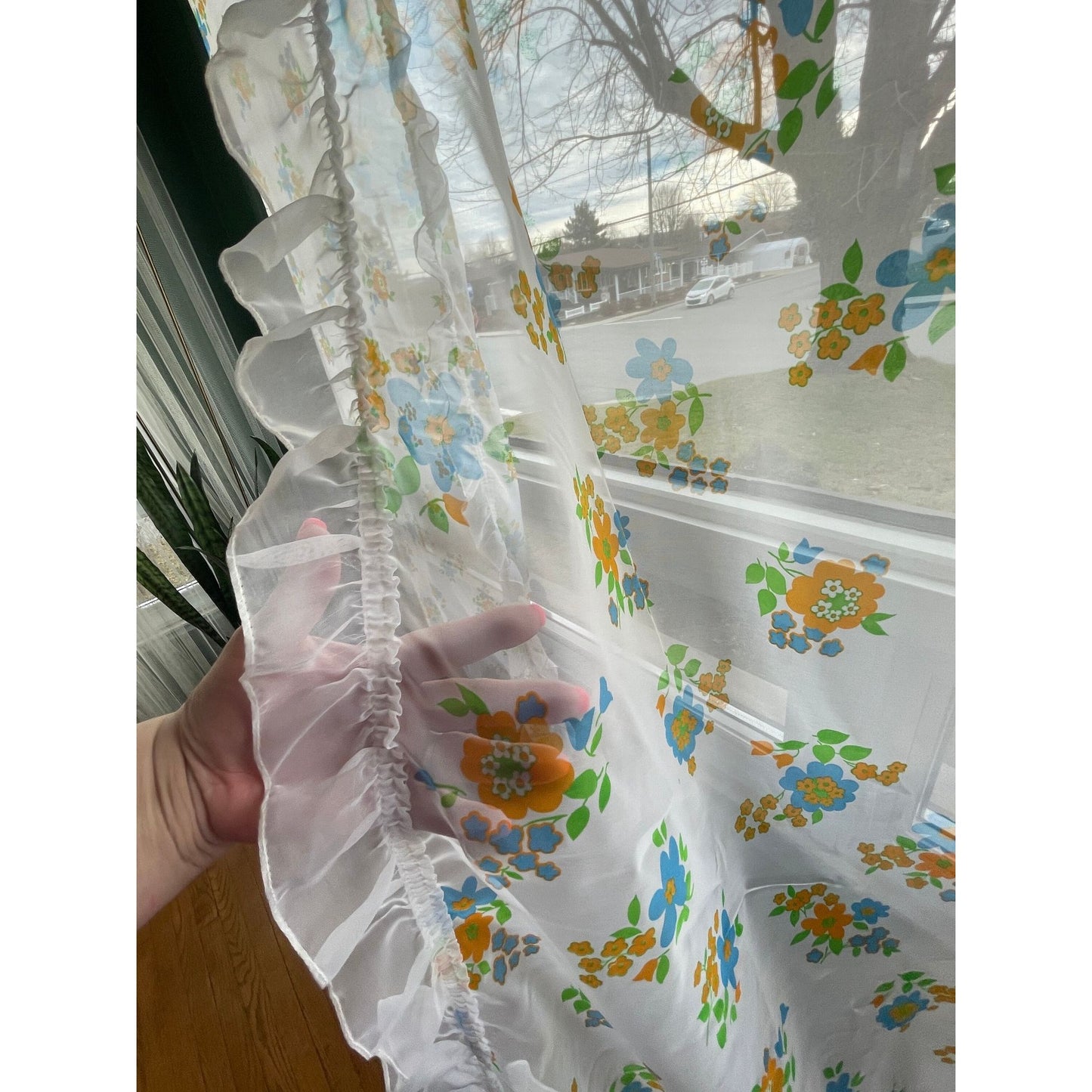 Vintage 80s ruffled panels, green blue flowers