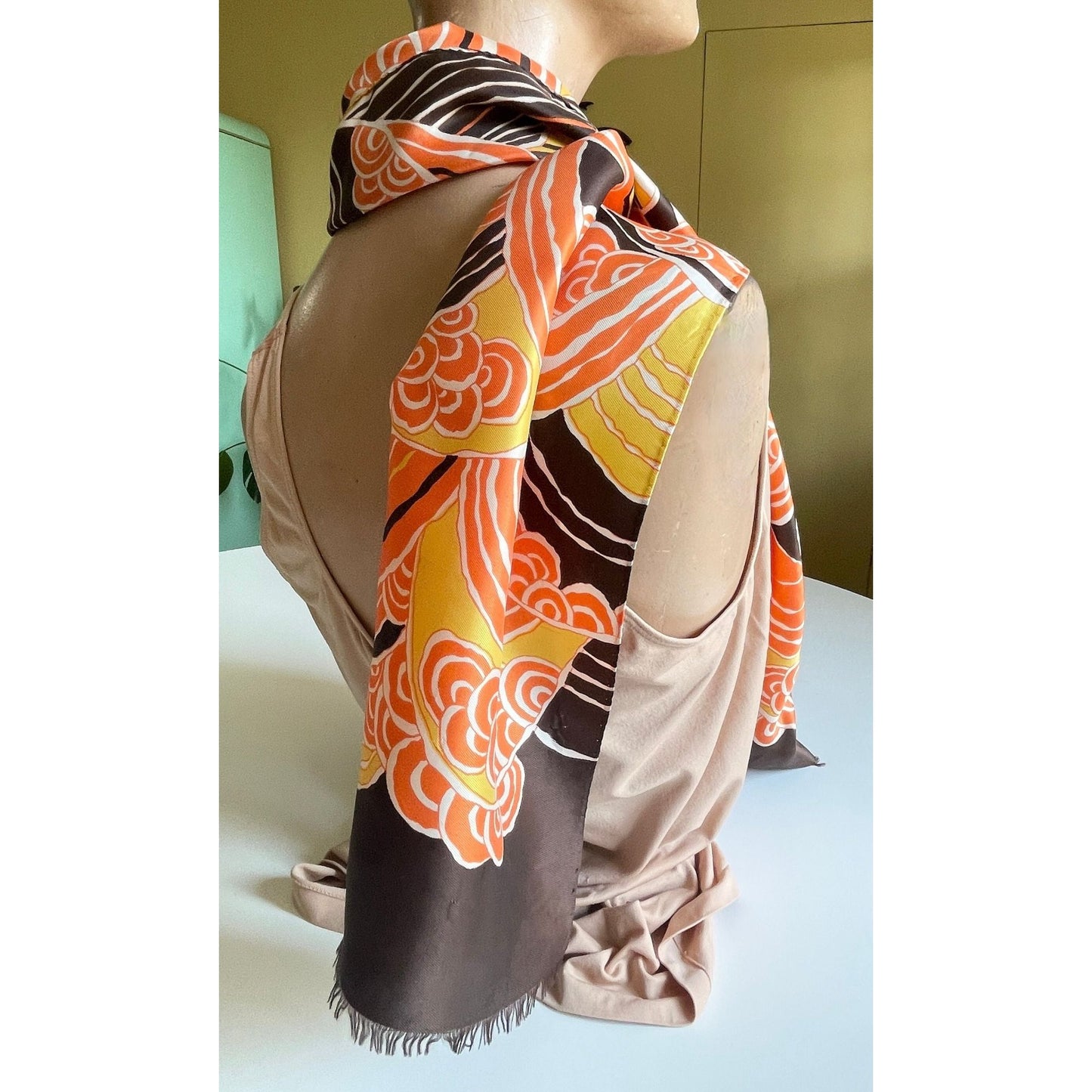 Vintage 70s long skinny scarf, orange, yellow white and brown