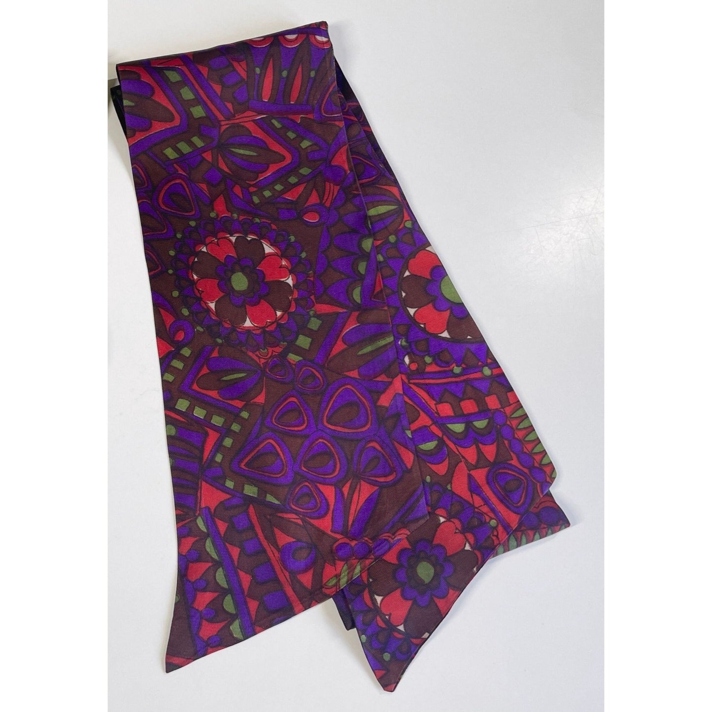 Vintage 1970s boho head scarf, purple, hot pink abstract pattern