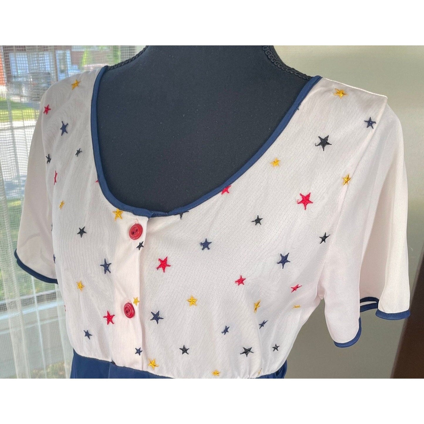 Vintage 80s dress, royal blue, white top, red yellow blue stars, short sleeves
