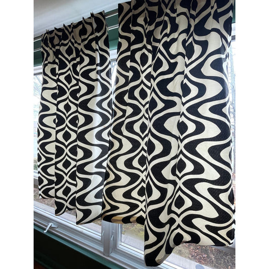 Vintage 50s pleated fiberglass curtains, Op Art black and white
