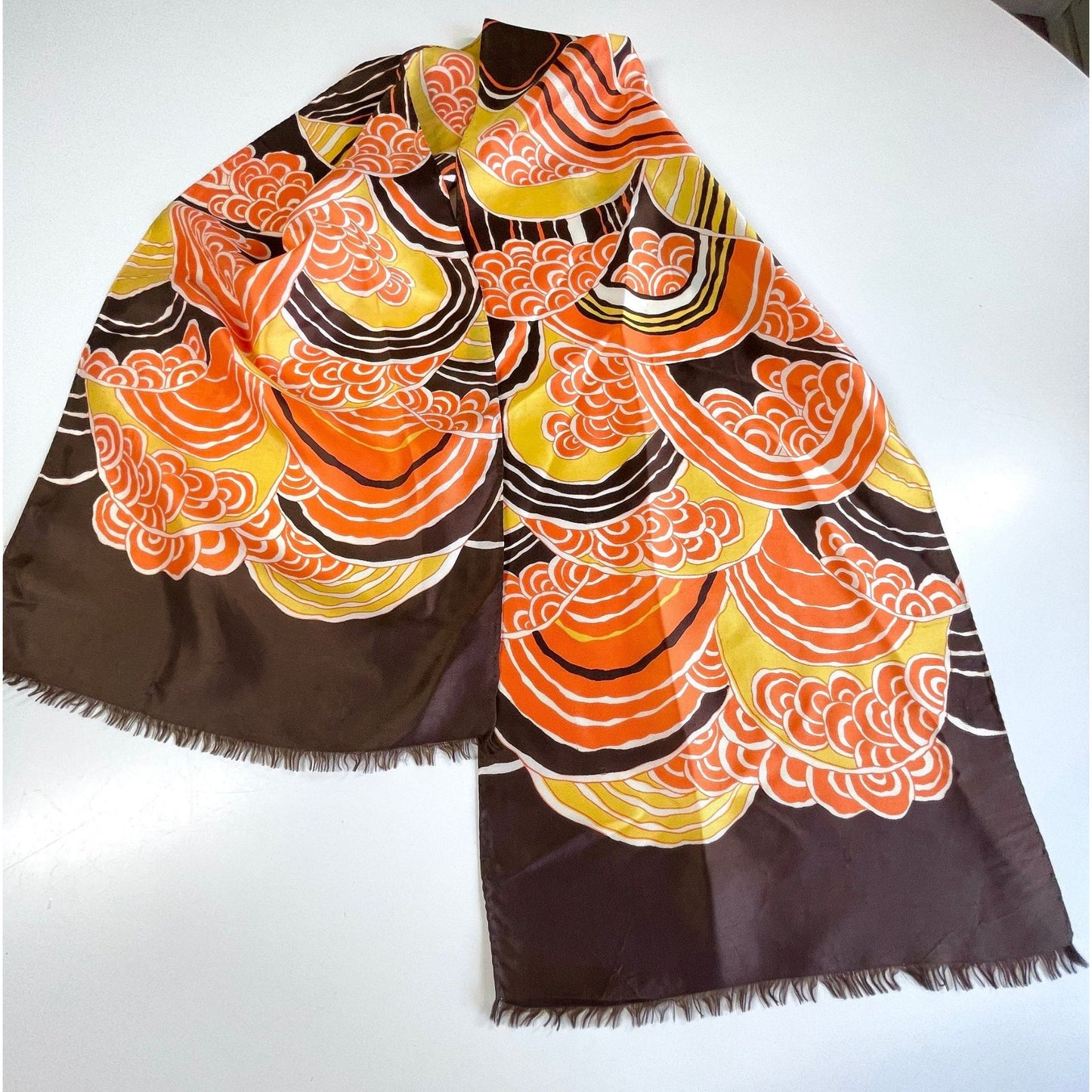 Vintage 70s long skinny scarf, orange, yellow white and brown
