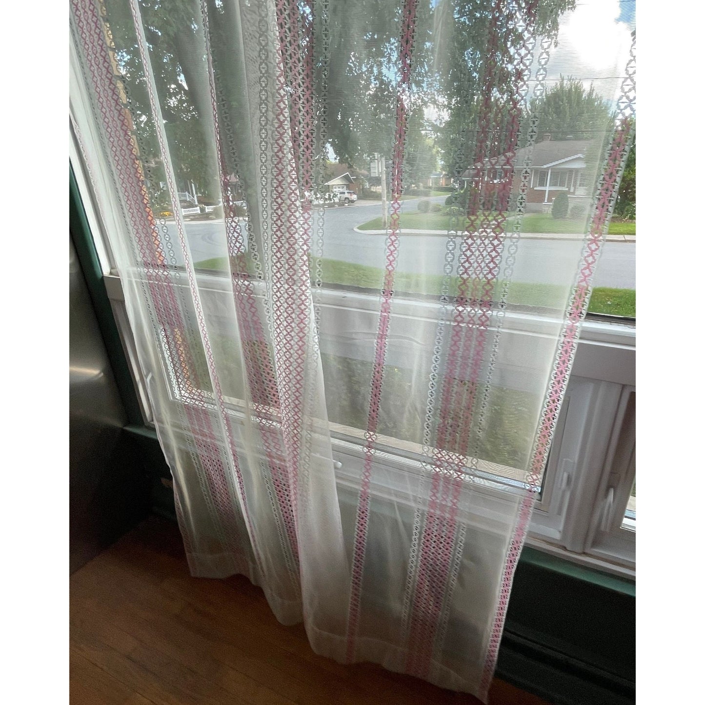Vintage 80s curtain, pink stripes sheer panel
