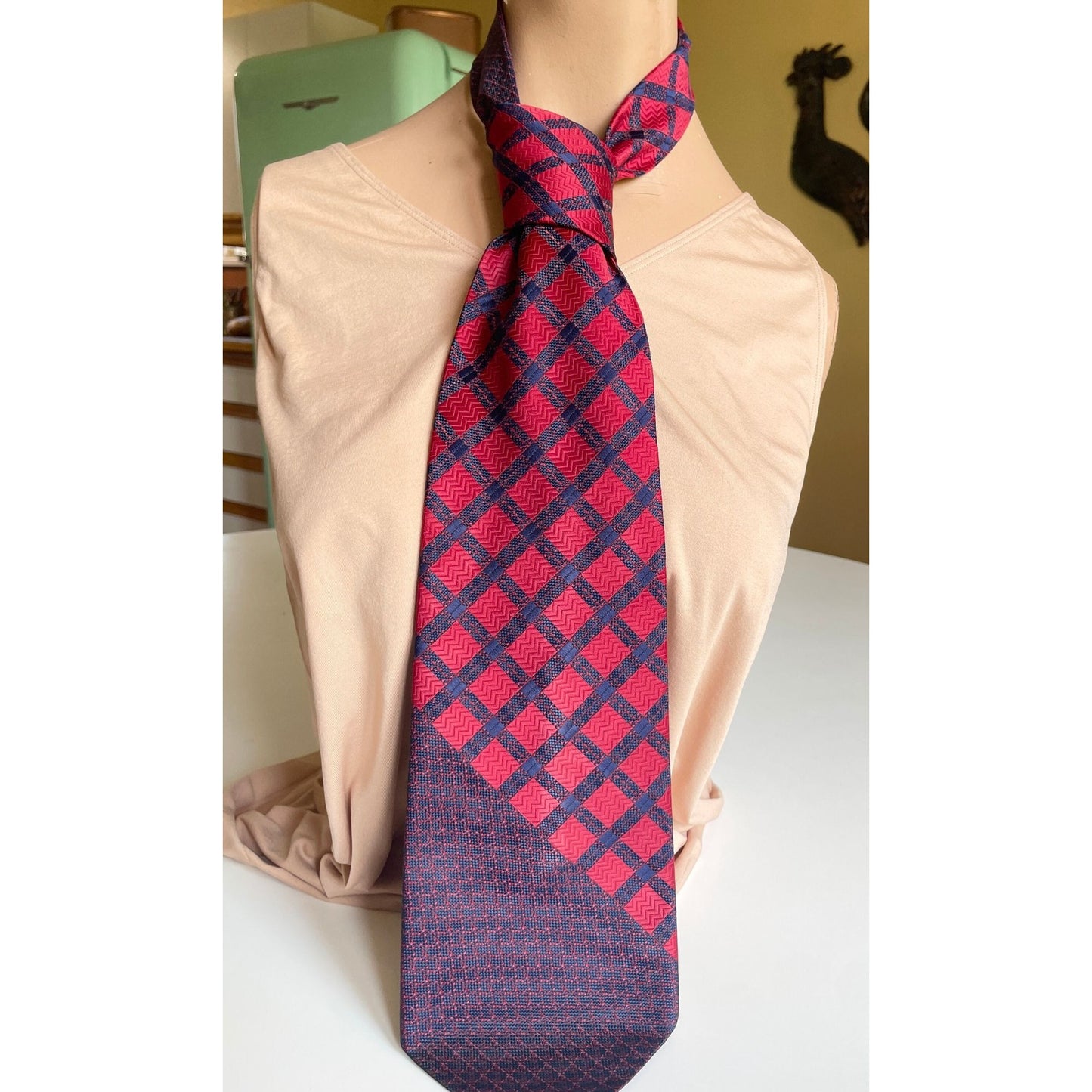 Vintage 1960s necktie, Yves St-Laurent Paris, raspberry red & navy blue