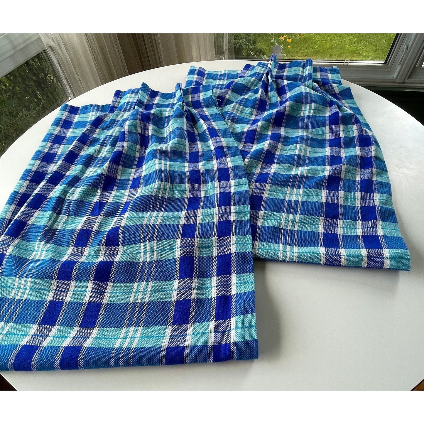 Vintage 80s pleated curtains, blue plaid, Sears