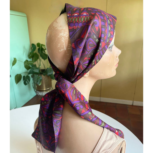 Vintage 1970s boho head scarf, purple, hot pink abstract pattern