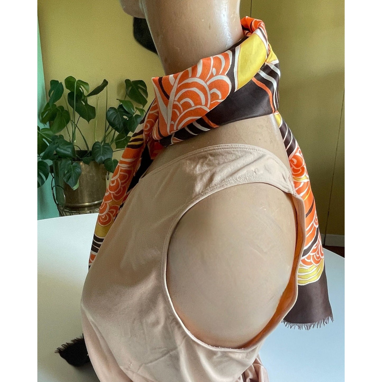 Vintage 70s long skinny scarf, orange, yellow white and brown