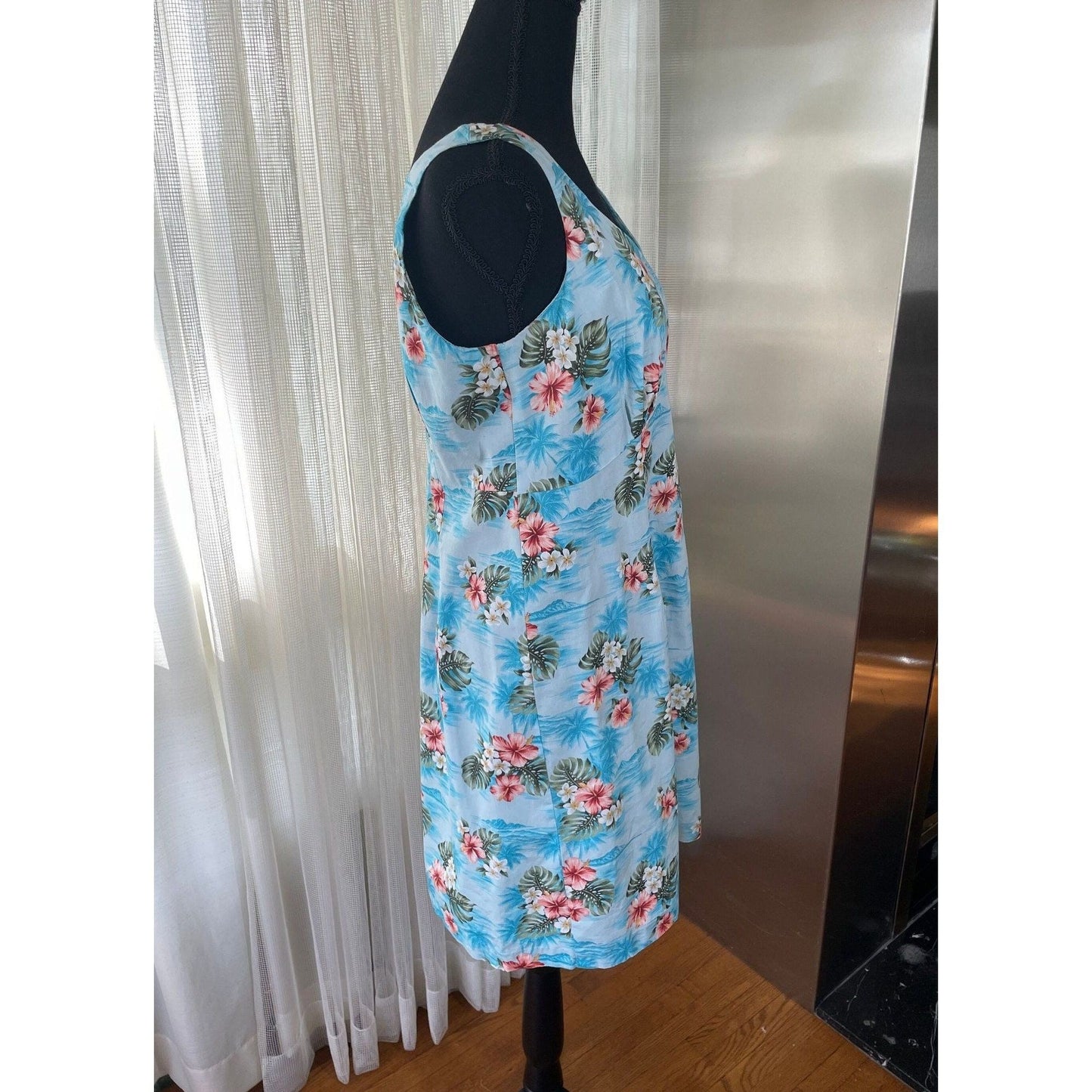 Vintage 80s dress, blue floral, sleeveless, Hilo Hatties Hawaiian Original