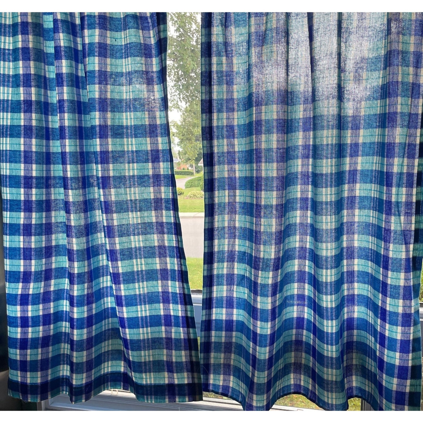 Vintage 80s pleated curtains, blue plaid, Sears