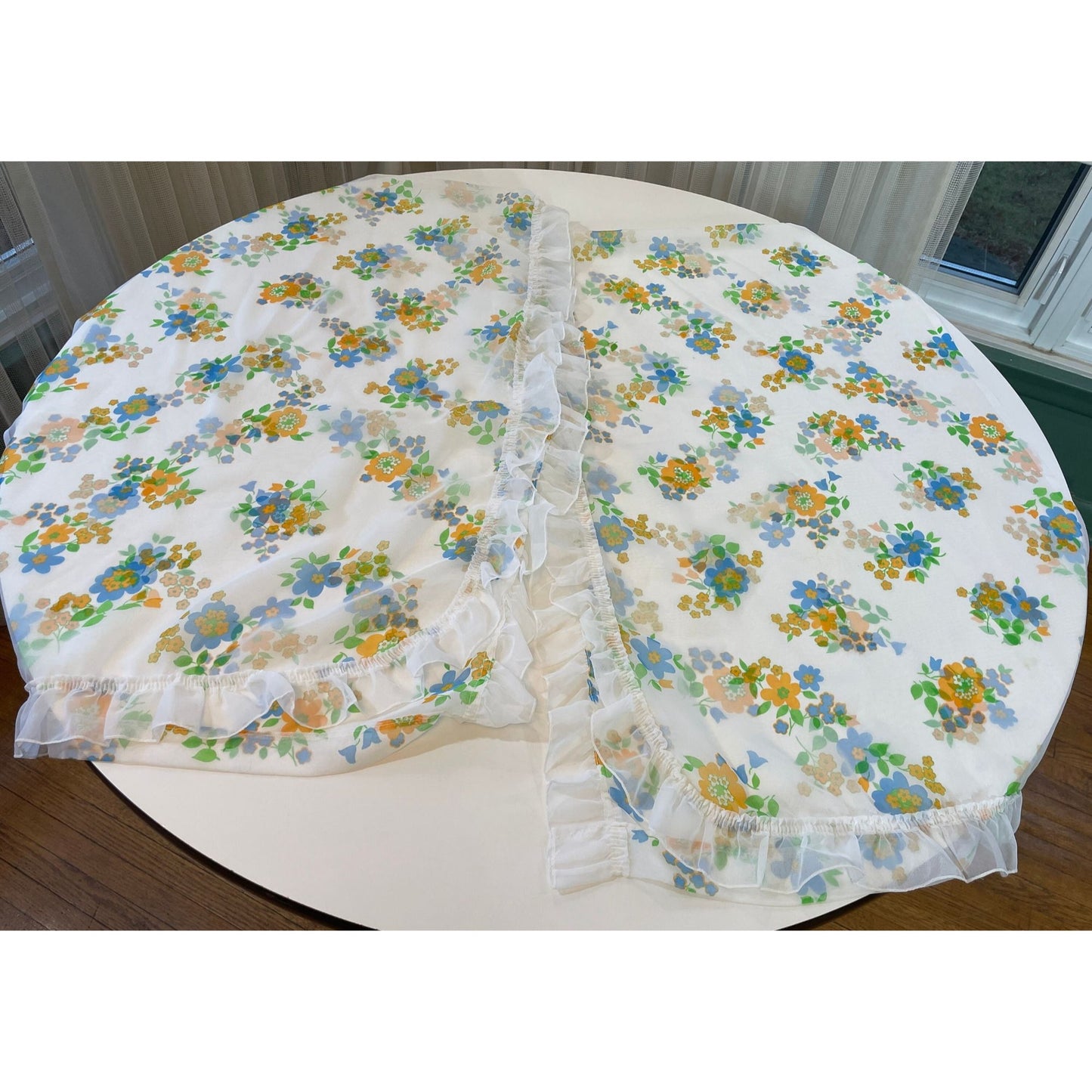 Vintage 80s ruffled panels, green blue flowers