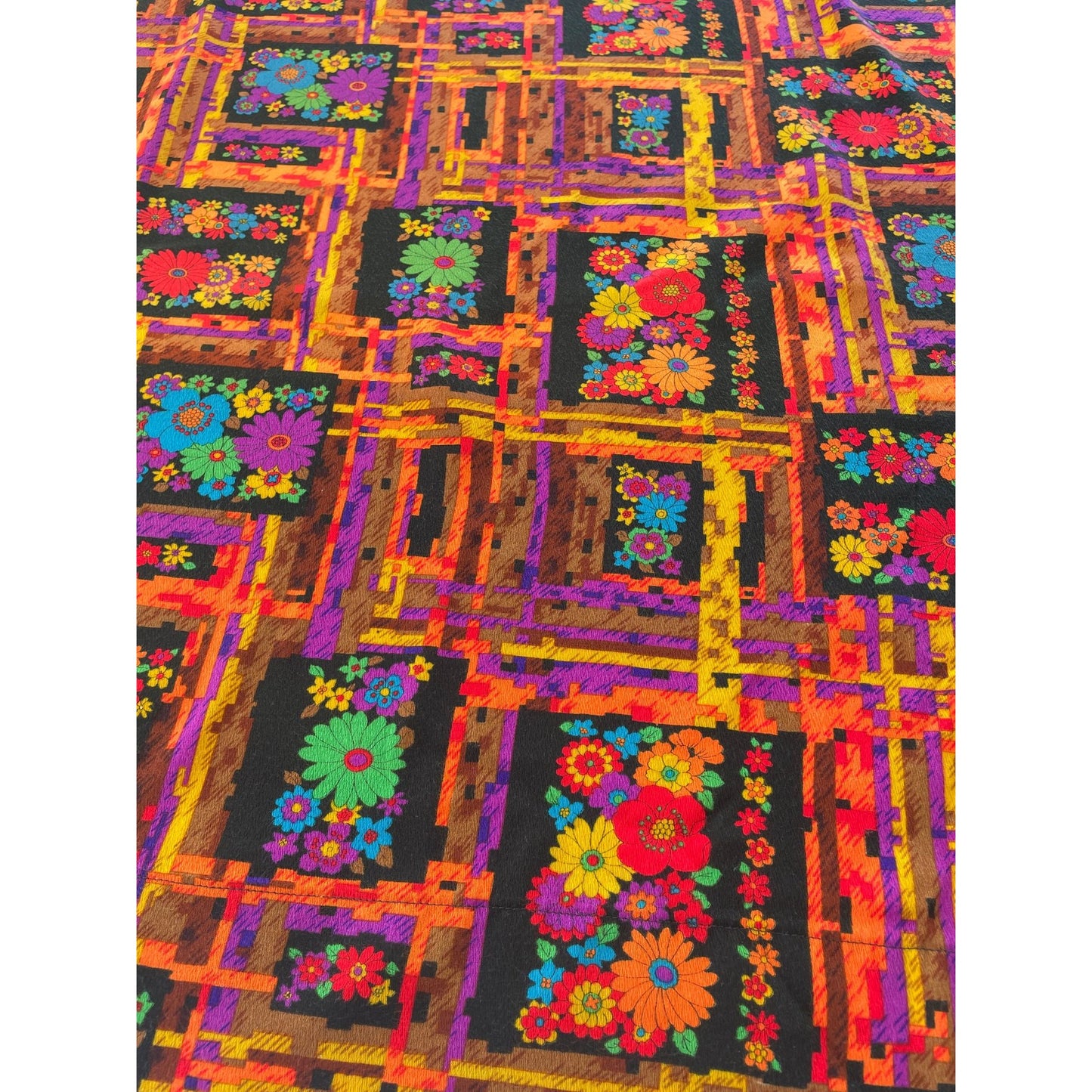 Vintage 70s floral curtain panel, orange, hot pink, green, blue