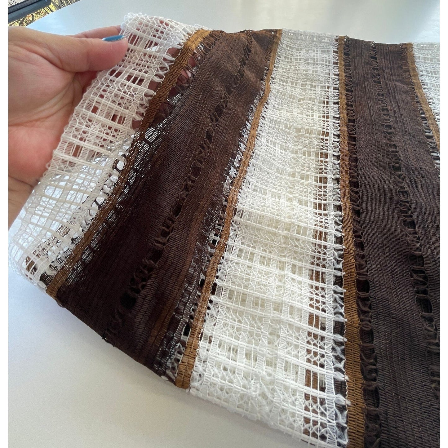 Vintage 70s curtain, brown white stripes, mesh panel