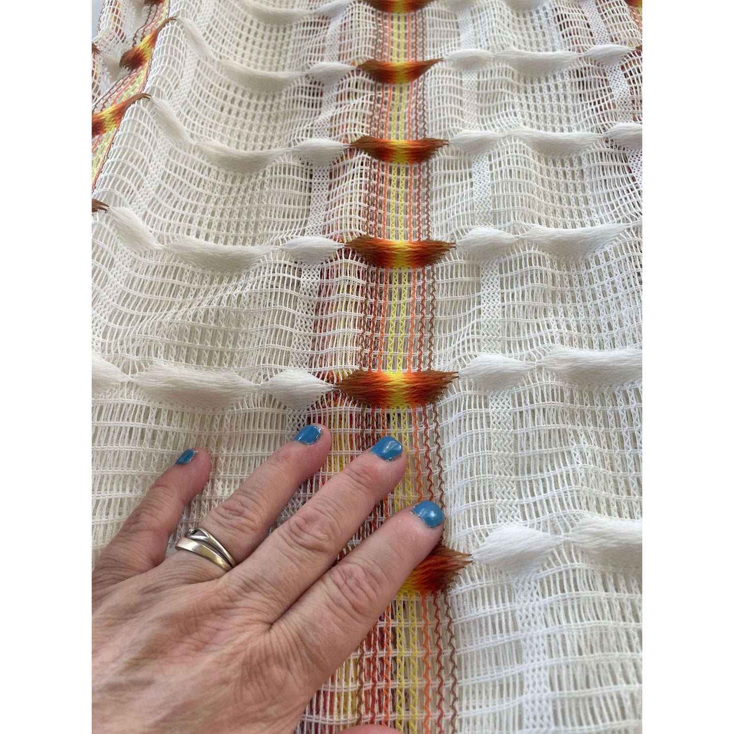 Vintage 70s curtain, orange groovy pattern, mesh panel