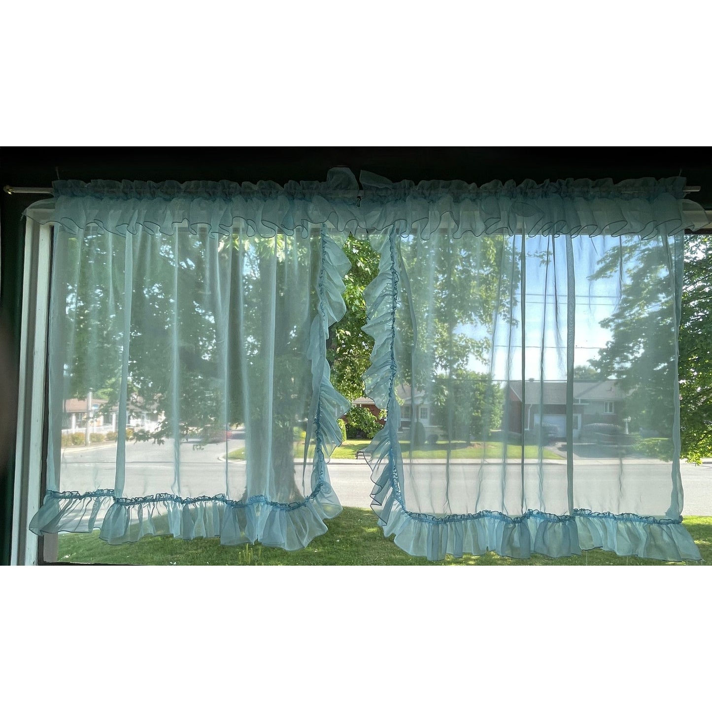 Vintage 70s curtain, sheer blue ruffled with tiebacks