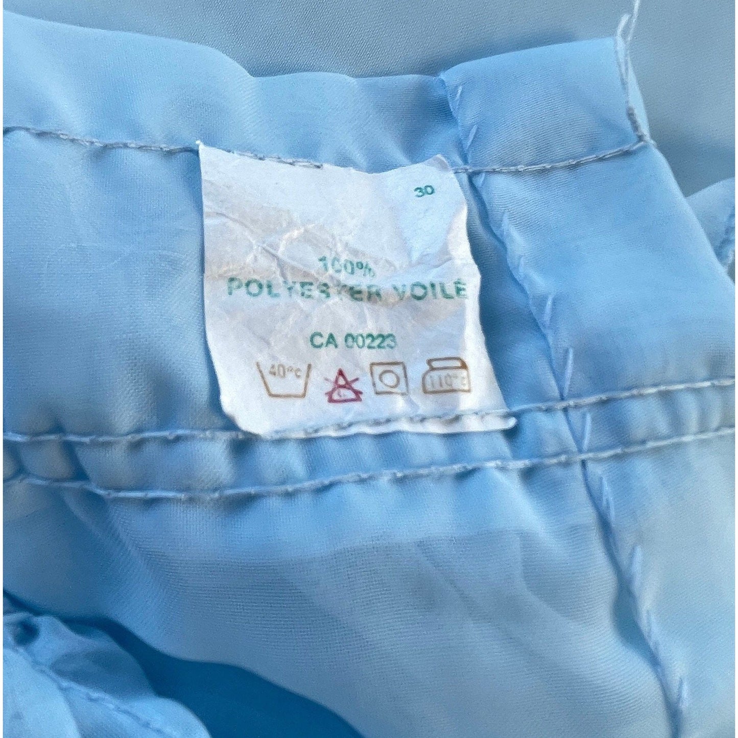 Vintage 70s curtain, sheer blue ruffled with tiebacks