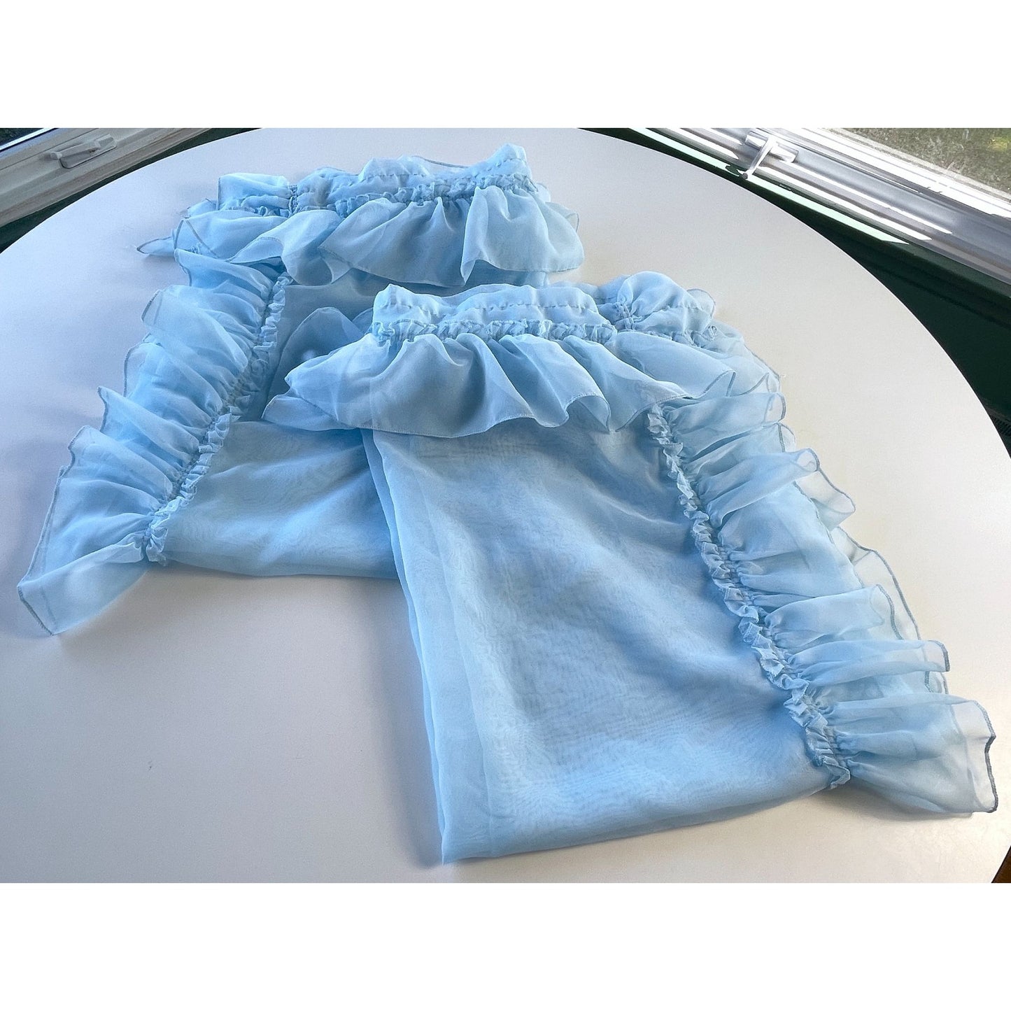 Vintage 70s curtain, sheer blue ruffled with tiebacks