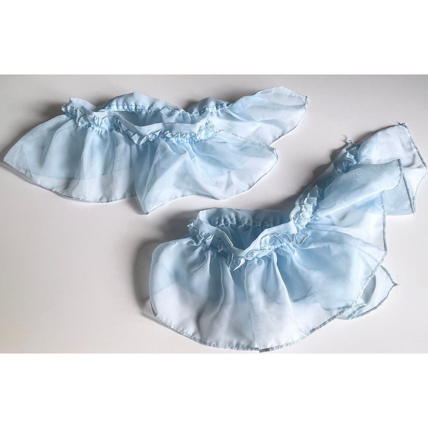 Vintage 70s curtain, sheer blue ruffled with tiebacks