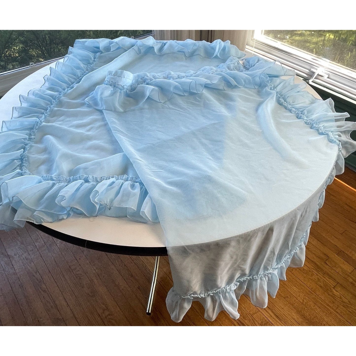Vintage 70s curtain, sheer blue ruffled with tiebacks