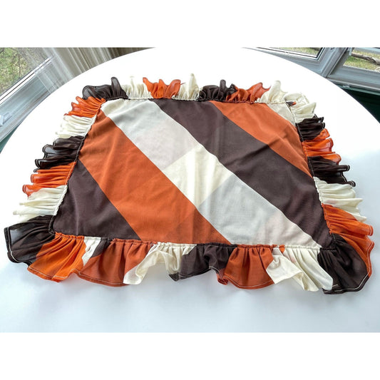 Vintage 80s decorative pillow sham, brown orange ruffles