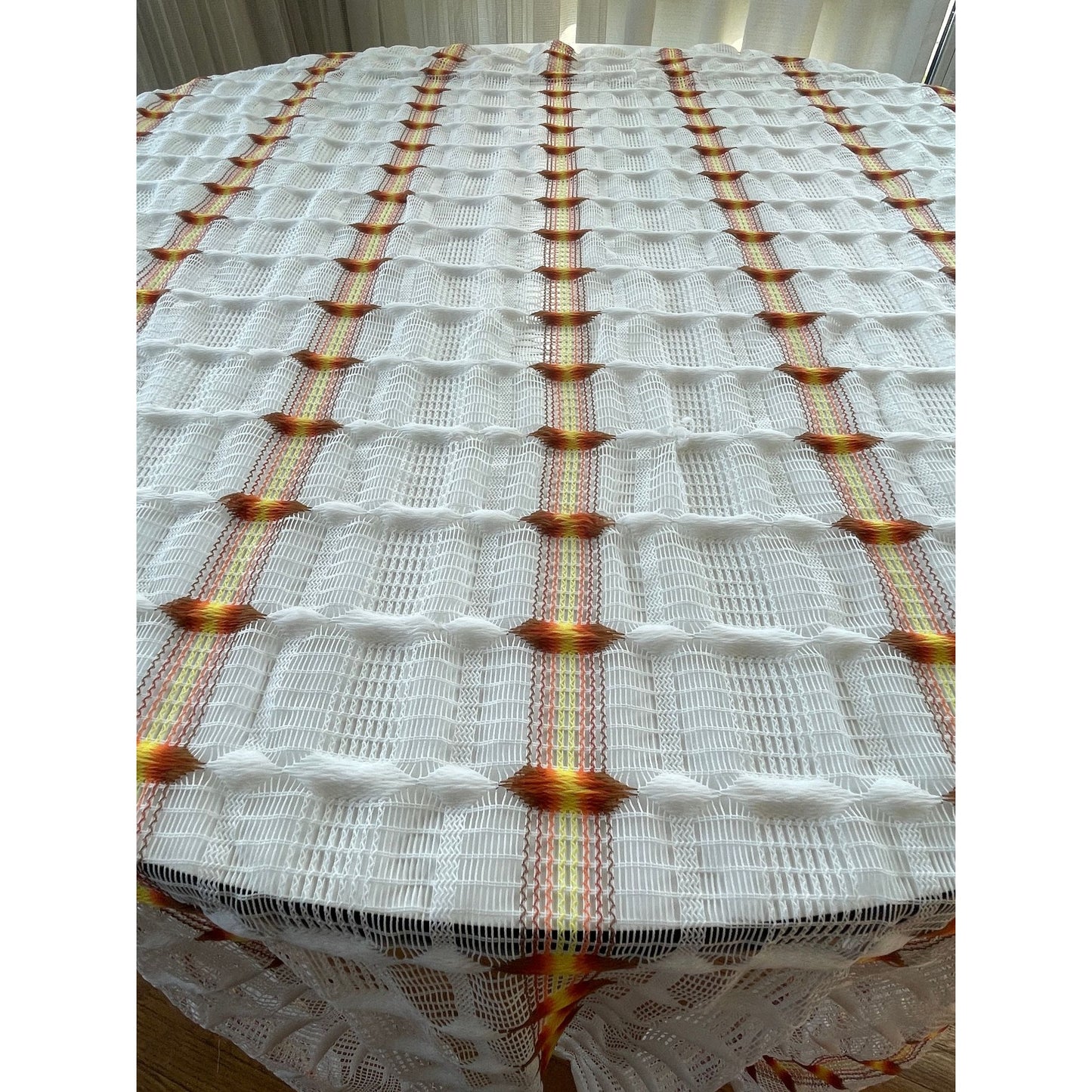 Vintage 70s curtain, orange groovy pattern, mesh panel