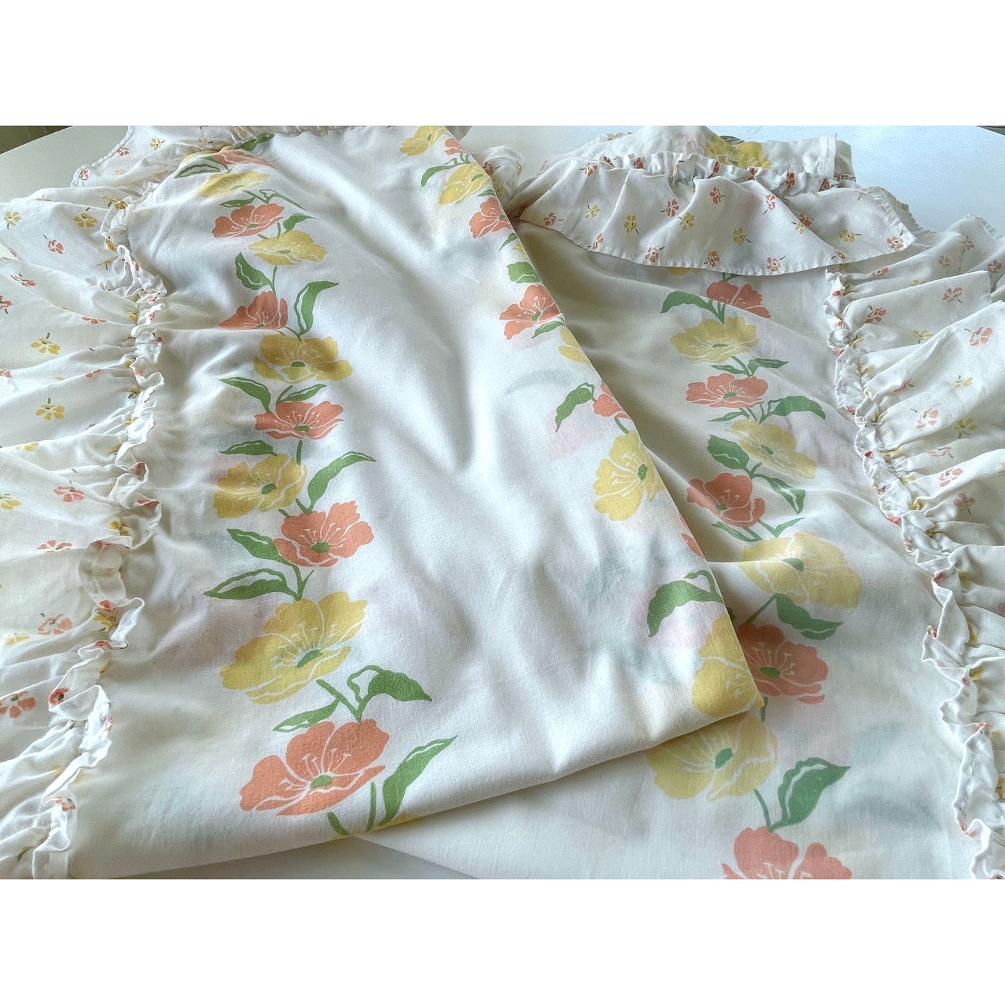 Vintage 80s curtain, orange yellow floral, pair of ruffled panels