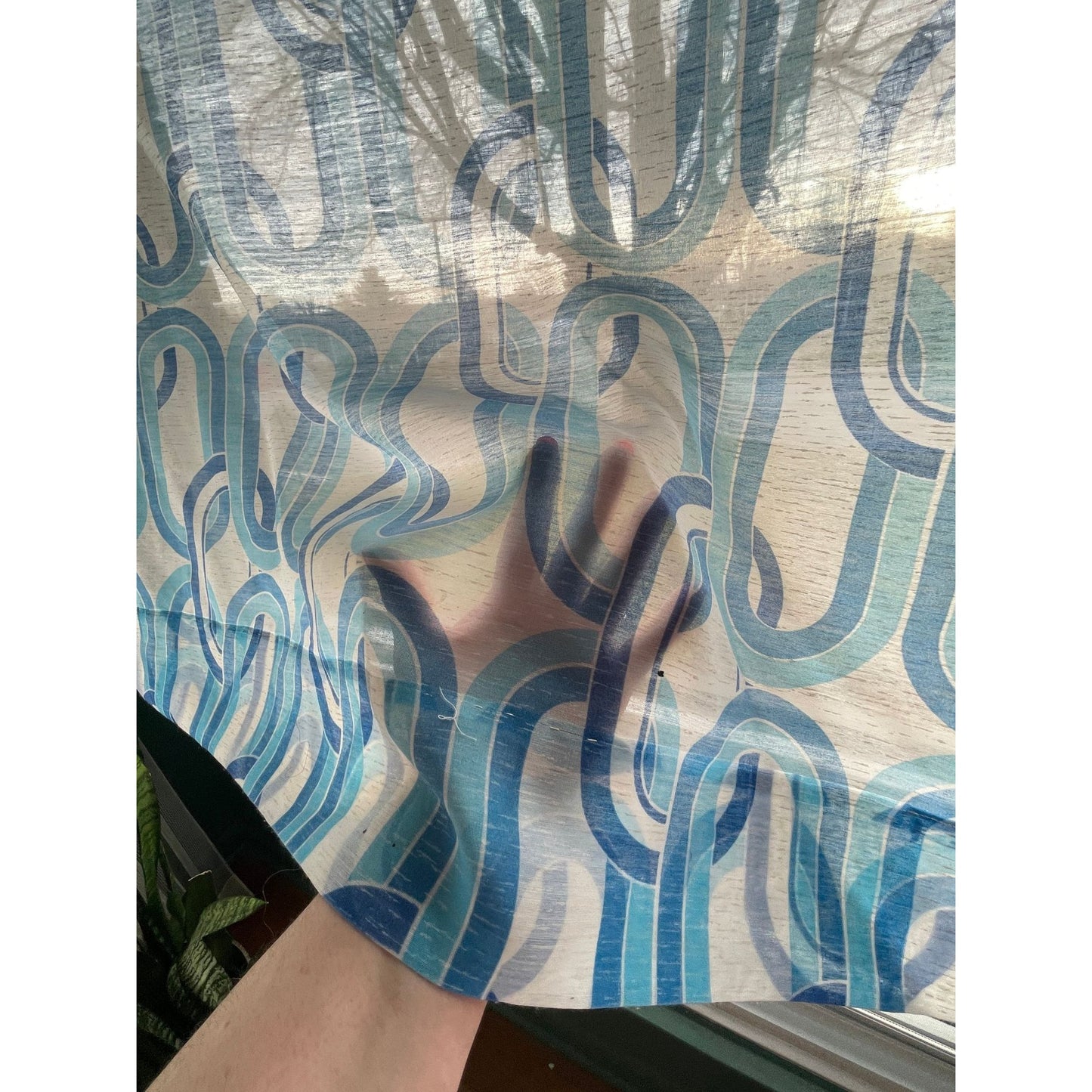 Vintage 70s blue geometric curtain, single panel