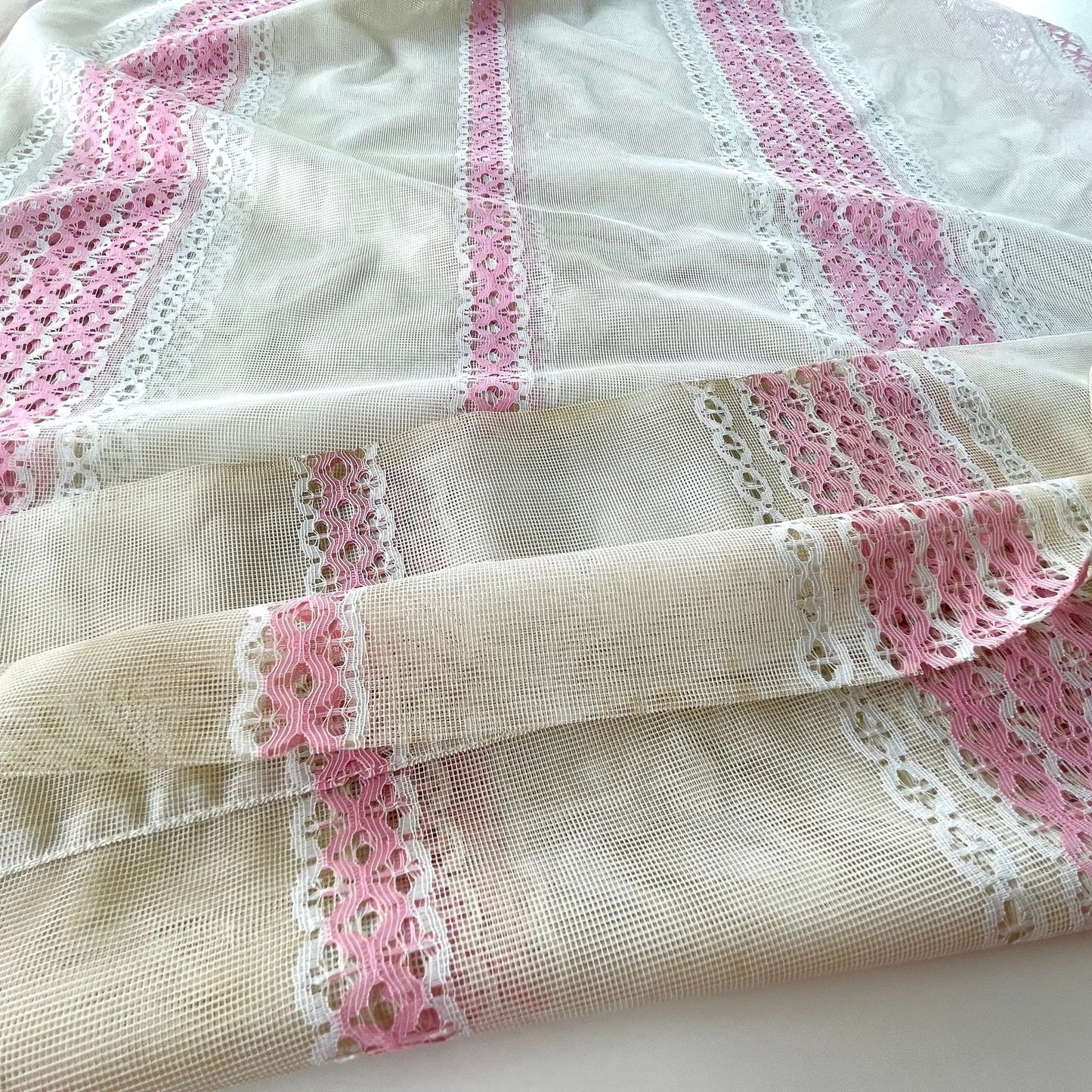 Vintage 80s curtain, pink stripes sheer panel