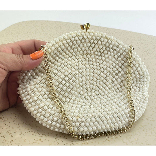 Vintage 50s cream beaded purse, Mid Century clutch,