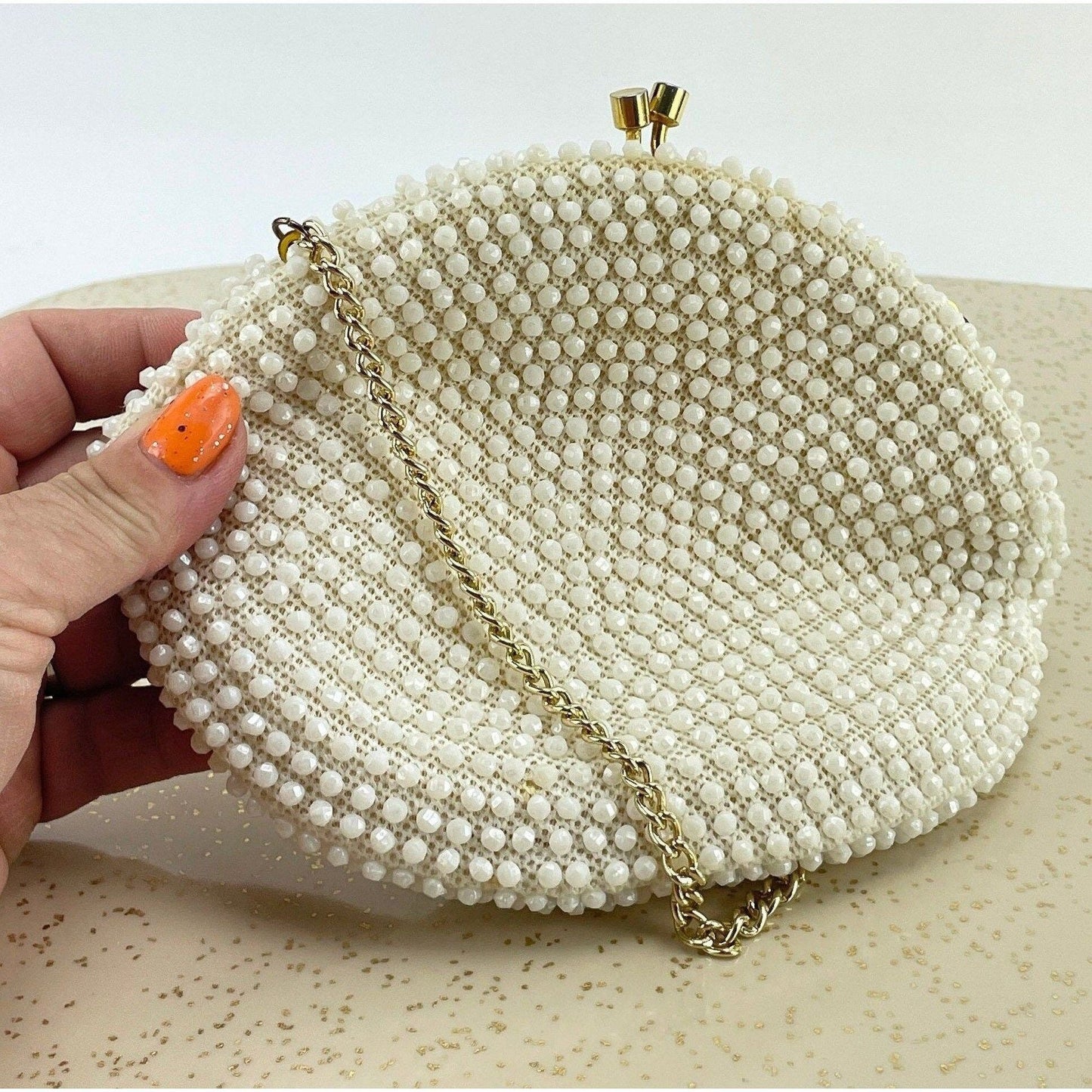 Vintage 50s cream beaded purse, Mid Century clutch,