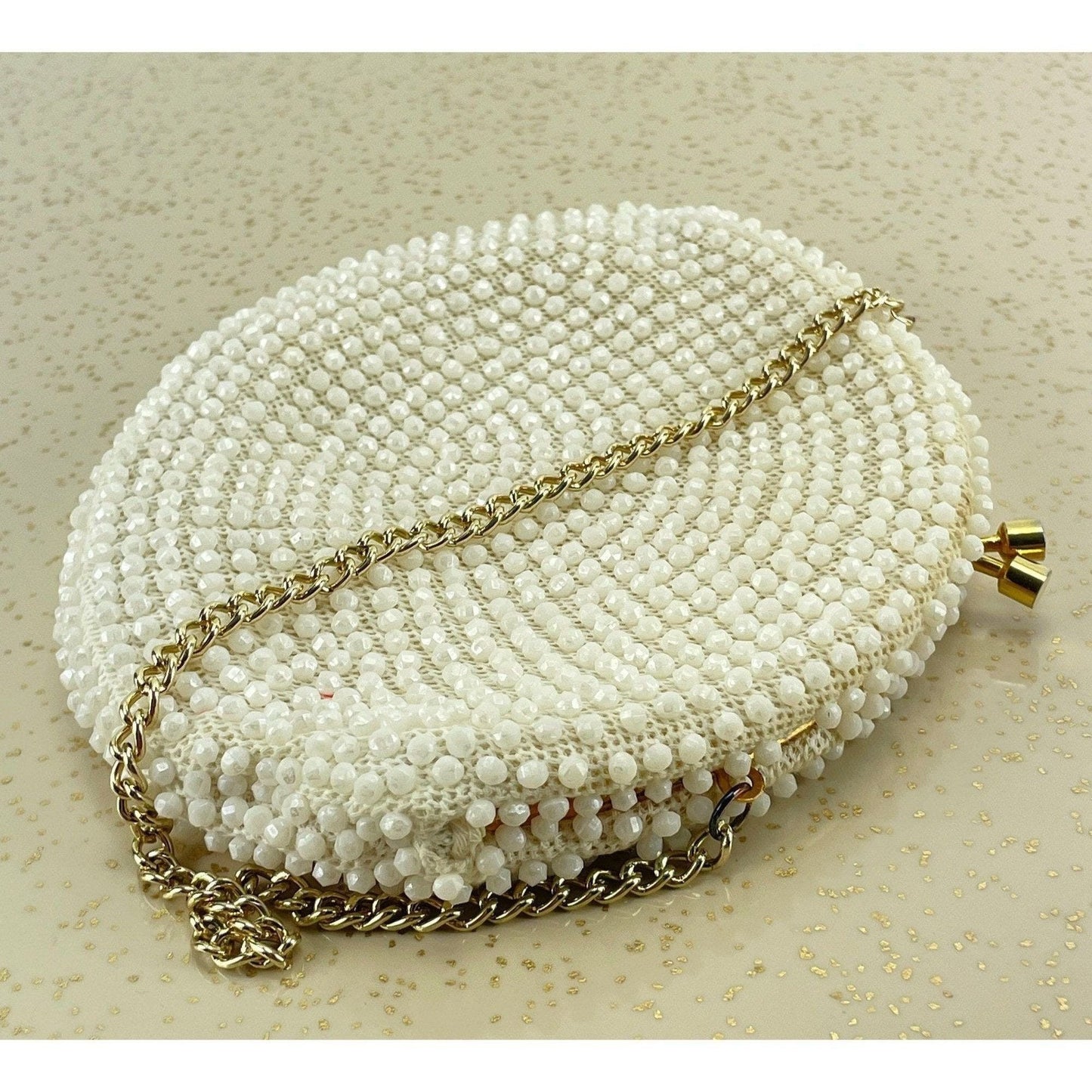 Vintage 50s cream beaded purse, Mid Century clutch,
