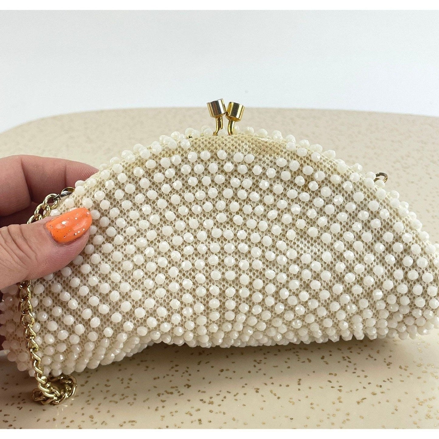 Vintage 50s cream beaded purse, Mid Century clutch,